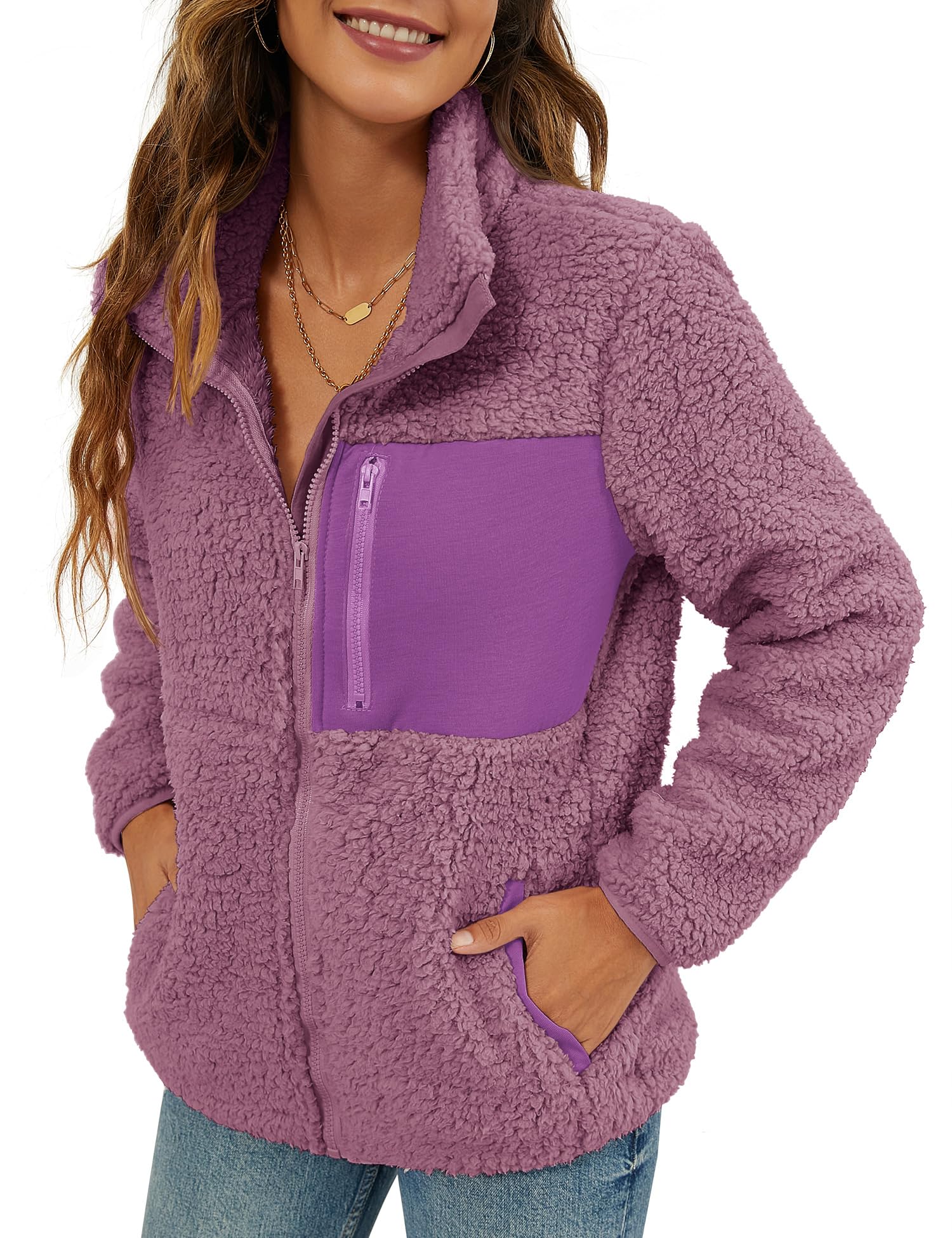 VVK Women's Fashion Faux Shearling Shaggy Full Zip Coats Warm Winter Patchwork Jackets with Pocket