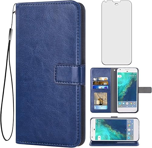 Asuwish Compatible con Google Pixel 1 Wallet Case Protector de pantalla de vidrio templado y cubierta de cuero con tapa para tarjetero, accesorios