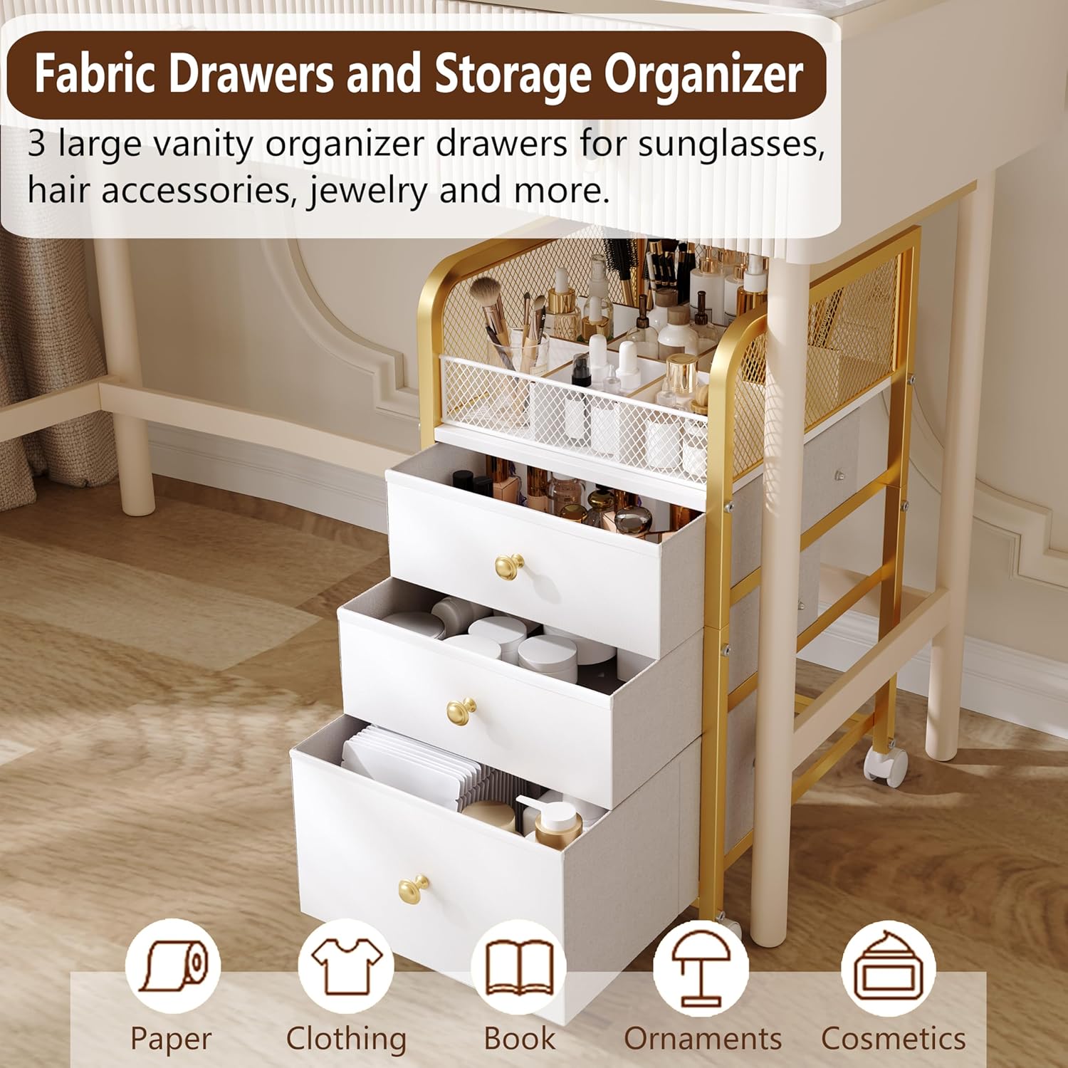 Rolling Makeup Vanity Cart, Makeup Organizer with Drawers, Bathroom Storage Cart, Under Desk Vanity Makeup Storage Cart with 3 Fabric Drawers for Nail Polish Brush Hair Tool (Gold)