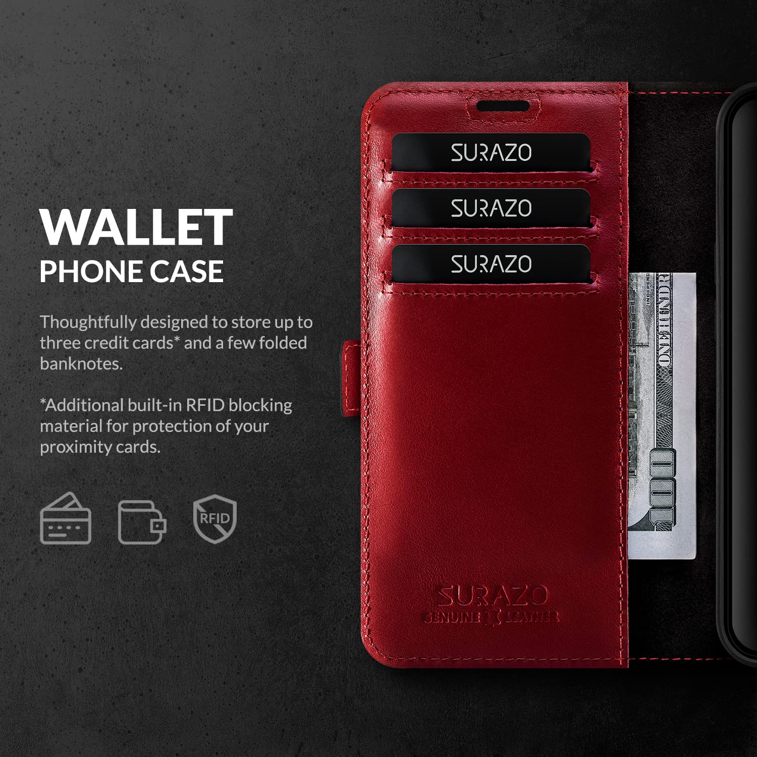 SURAZO Premium Slim Magnet Handyhülle für Samsung Galaxy A54 Hülle Leder – Klappbare Echtleder Schutzhülle [mit Kartenfach, RFID Schutz] Flip Klapphülle Wallet Case Cover Lederhülle (Costa Rot)