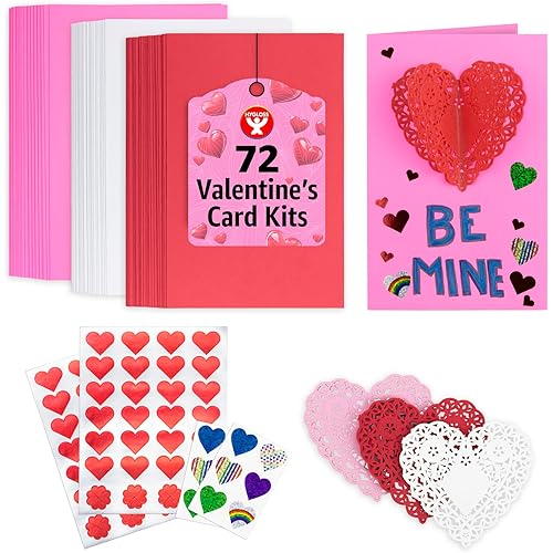 Hygloss Valentines Day Card Making Kit - DIY Valentines Cards for Kids - Includes 72 Cards, 72 Heart Doilies, 8 Sheet Heart Stickers - Classroom Favors - Unique Valentine Card Making Kits
