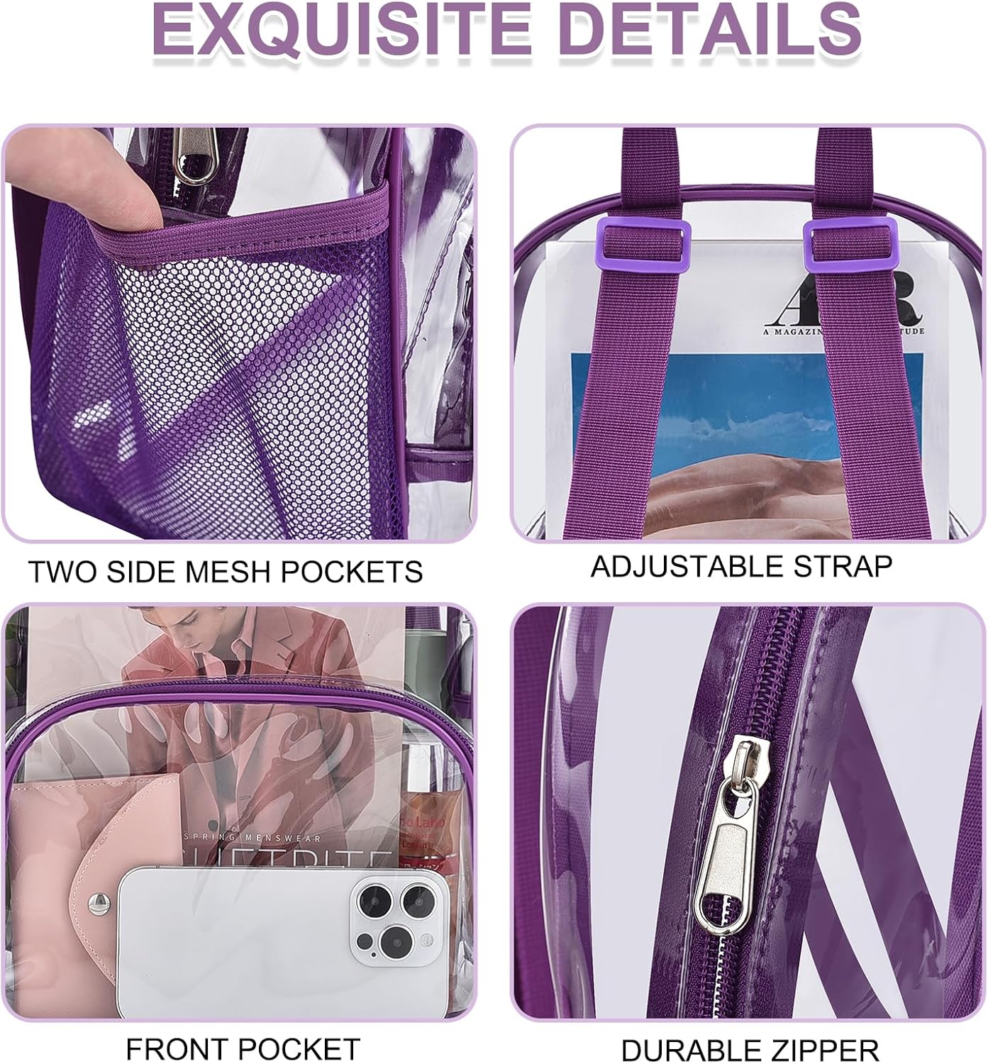 Clear Backpack for Stadium Events Clear Backpack 12x12x6 with Front Pocket for Concert Sport Events Work Travel (Purple) - Image 6