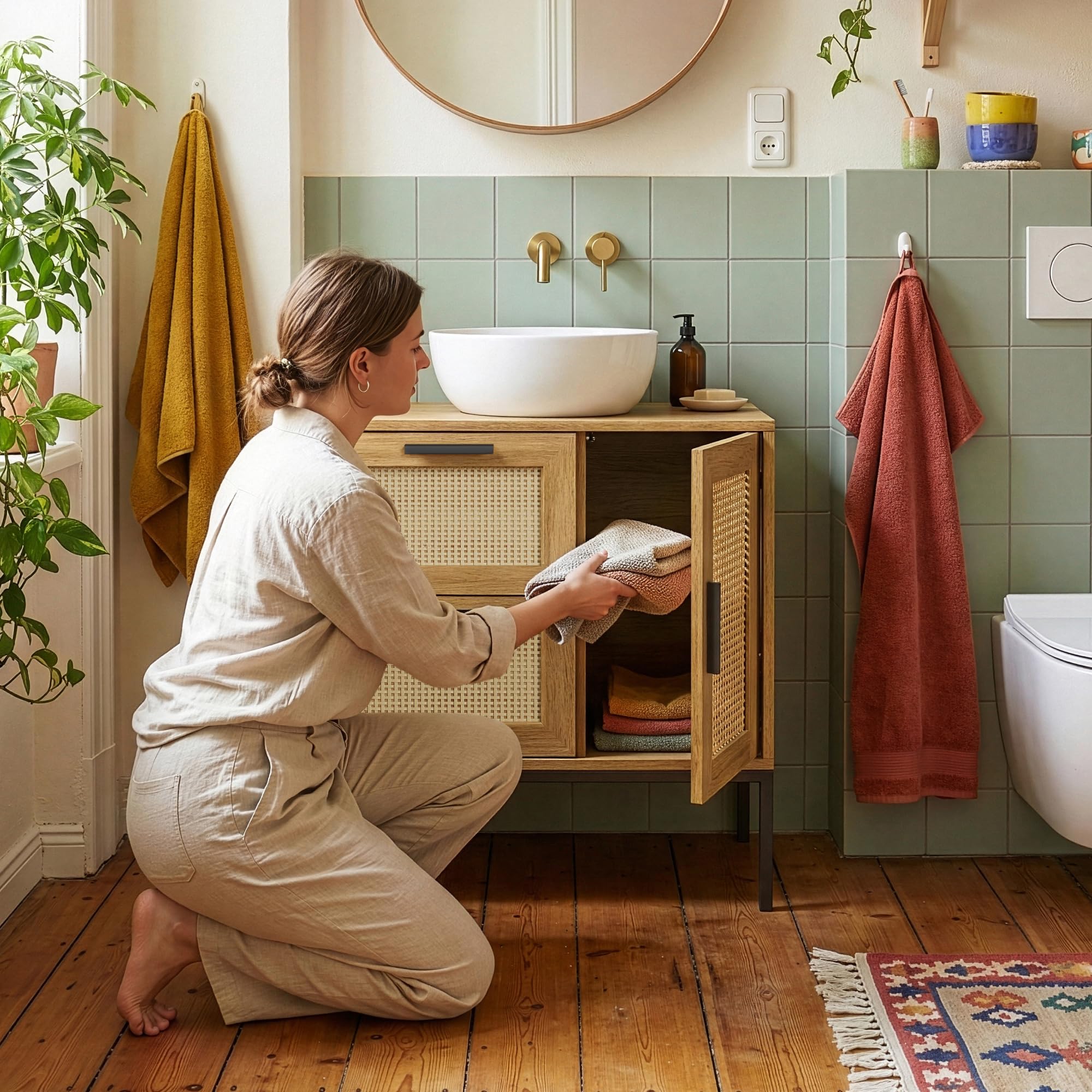 [en.casa] Meuble sous Lavabo avec 1 Porte et 2 Tiroirs avec Façade Effet Rotin Décoratif Structure Stable Métal Panneau de Particules Salle de Bain Toilette Buanderie 60 x 60 x 40 cm Effet Chêne Noir