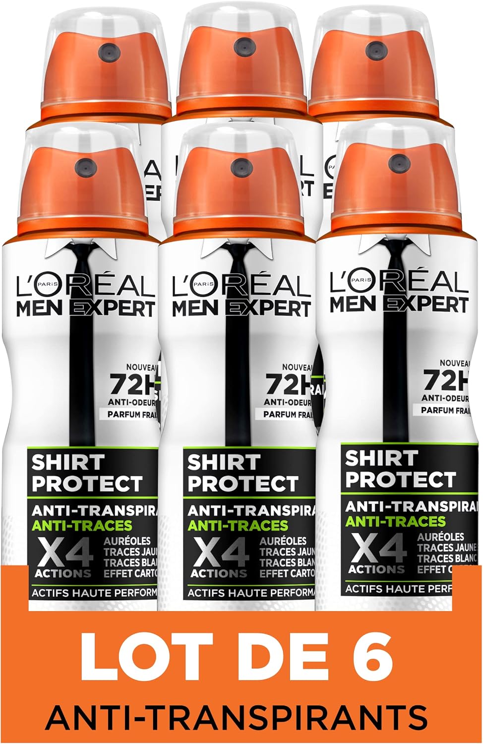 L'Oréal Paris Men Expert Shirt Protect Dezodorant, 6 x 150 ml | Ochrona antyperspiracyjna, biała formuła bez śladów, skuteczność 48 godzin, świeży zapach dla mężczyzn