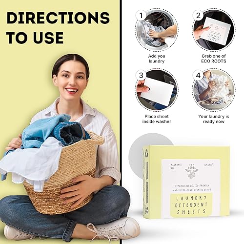 Miniatura 4 de ECO ROOTS Hojas de detergente para ropa de 64 cargas Hojas ecológicas sin perfume, detergente para ropa de tamaño de viaje sin líquido, sin