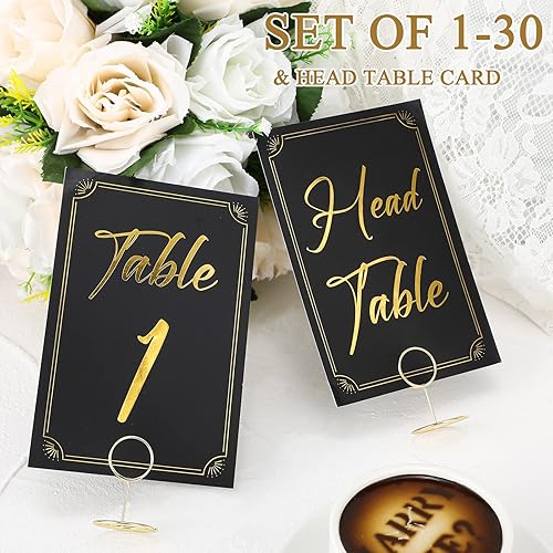 Miniatura 3 de Thenshop 31 Sets Table Number Cards with Holders, 1-30 Numbers Head Table Card 2" Place Holder Stand for Wedding Anniversary Birthday Negro