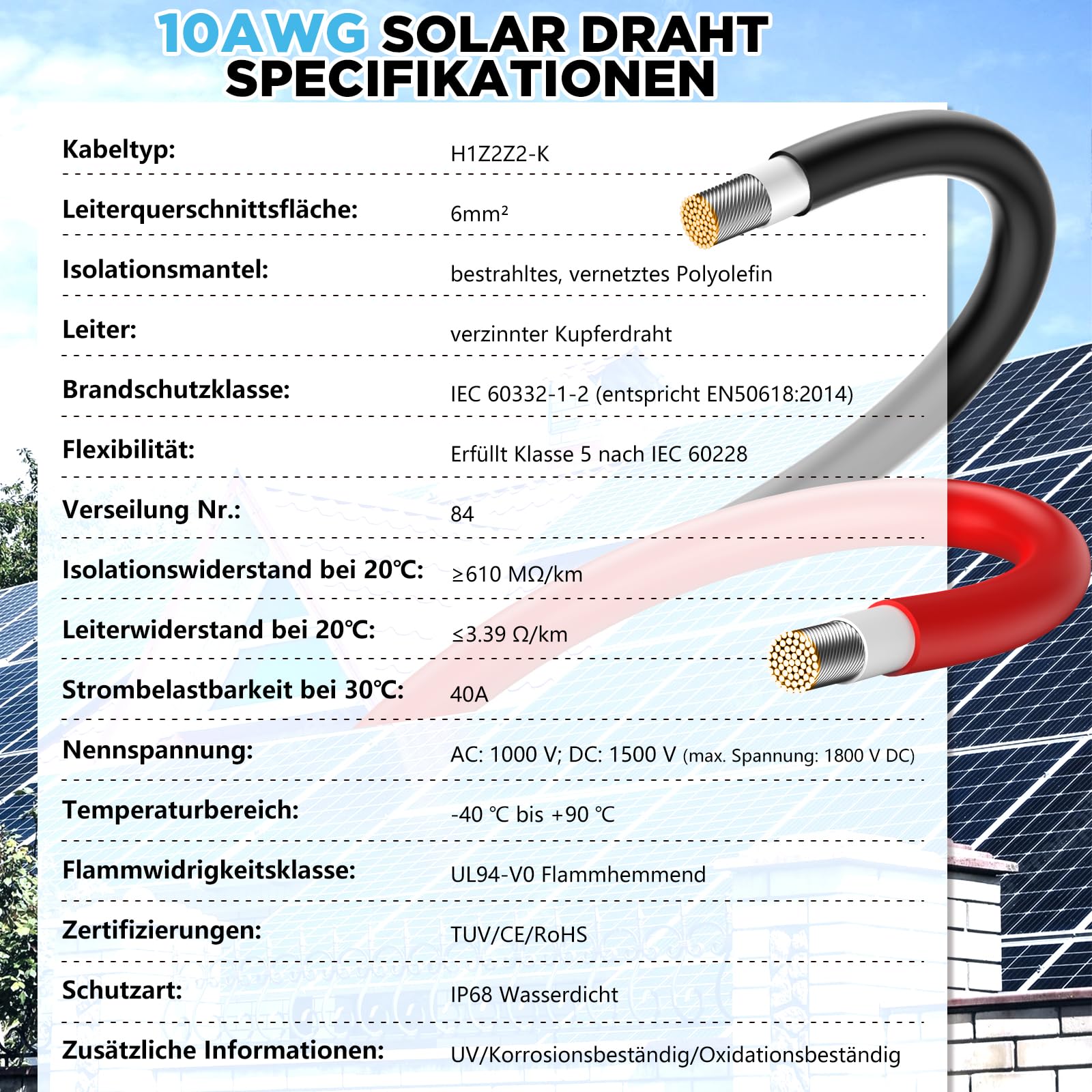 Oududianzi Solarkabel 6mm2 10m, Solarkabel Verlängerung 10/15/20/30/50m, Photovoltaik Kabel, PV Kabel 6mm2, PV Verlängerungskabel für Solarpanel, Wechselrichter und Laderegler (6mm2 2x10m)