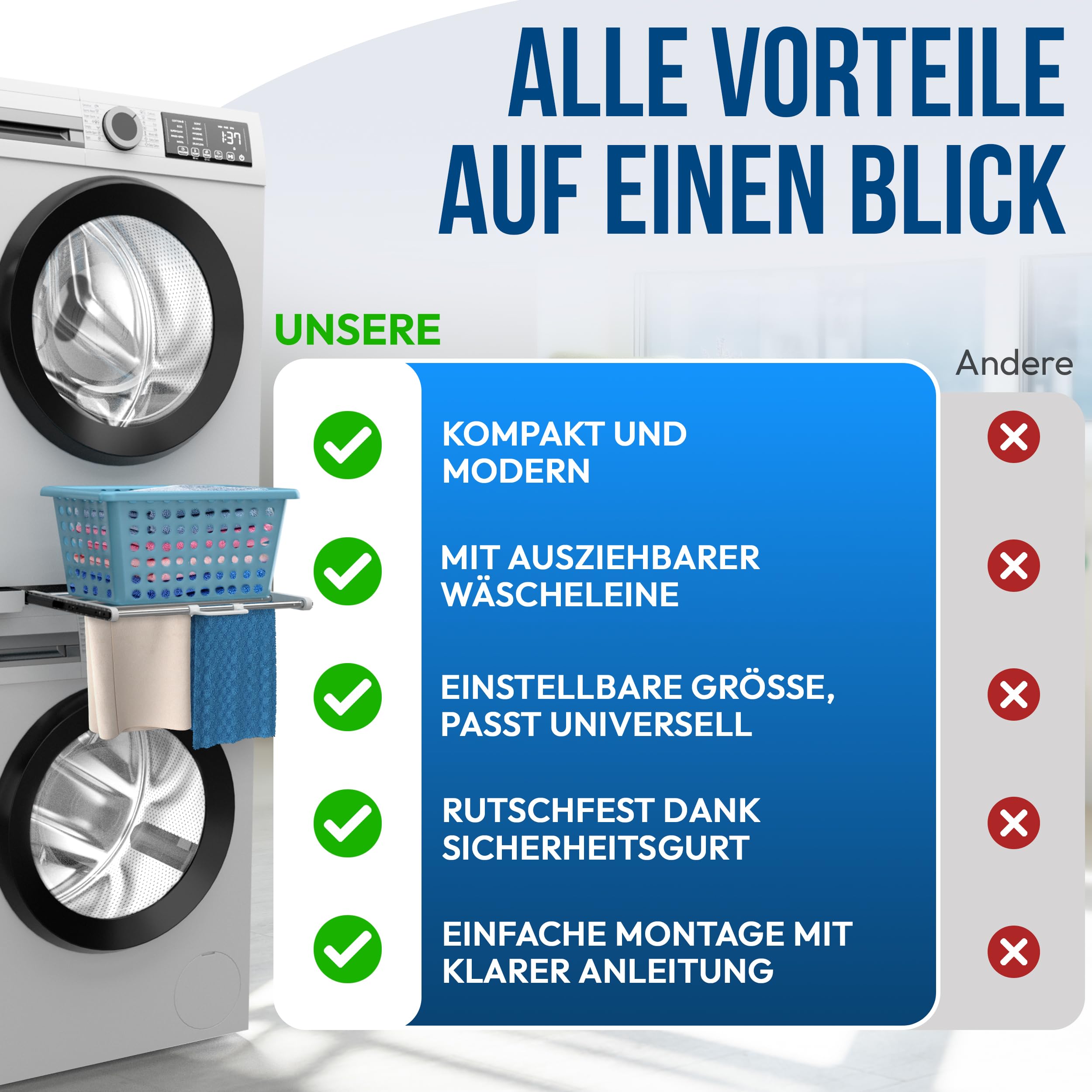Zwischenbaurahmen mit Wäscheleine, verbindungsrahmen waschmaschine trockner universal - Einstellbare Größe -Verbindungsrahmen Zwischenbausatz mit ausziehbarer Handtuchhalter