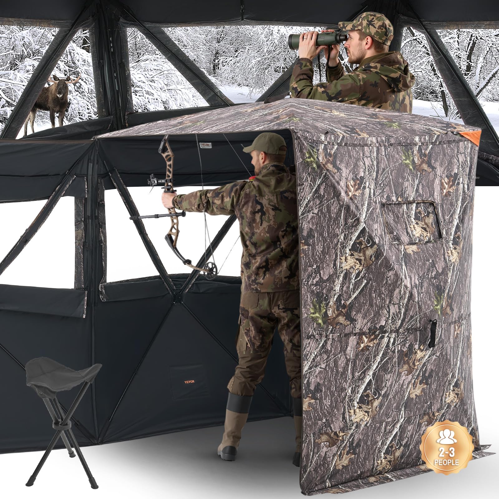VEVOR Tenda da Caccia, Tenda Termica per 2 a 3 Persone con Sedia a Tre Gambe Borsa per Il Trasporto, Mimetica Portatile, Riparo Nascosto Resistente con Porta e Finestra con Cerniera
