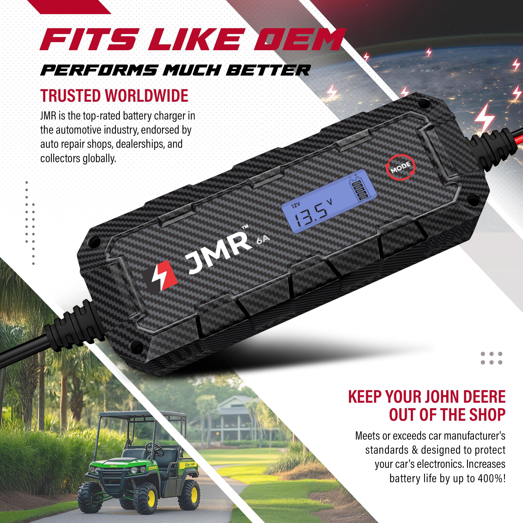 JMR Battery Charger for John Deere Gator Buck DB120 Timberjack All Models Trickle Charger Conditioner Maintainer (No Lithium Mode)