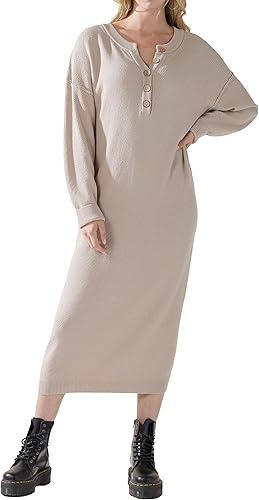 noflik Women's Soft Touch Oversized Button Front V Neck Long Sleeve Midi Sweater