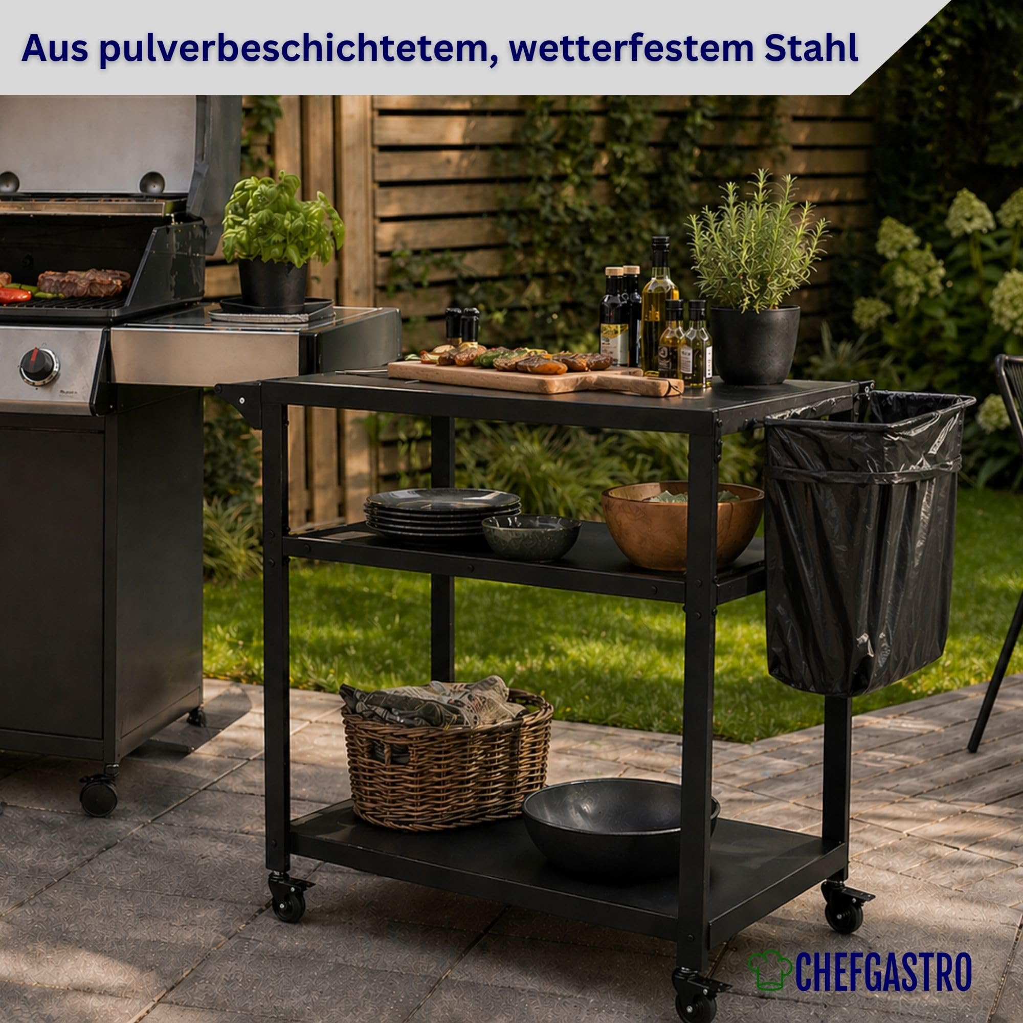 CHEFAGSTRO Grillwagen Vulcan Outdoor Servierwagen mit Rollen Küche Küchenwagen Metall Schwarz Wetterfest Grilltisch, 4 Lenkrollen mit Bremse, 3 Ablagen, 8 Haken, Müllbeutelhalter & Handtuchgriff