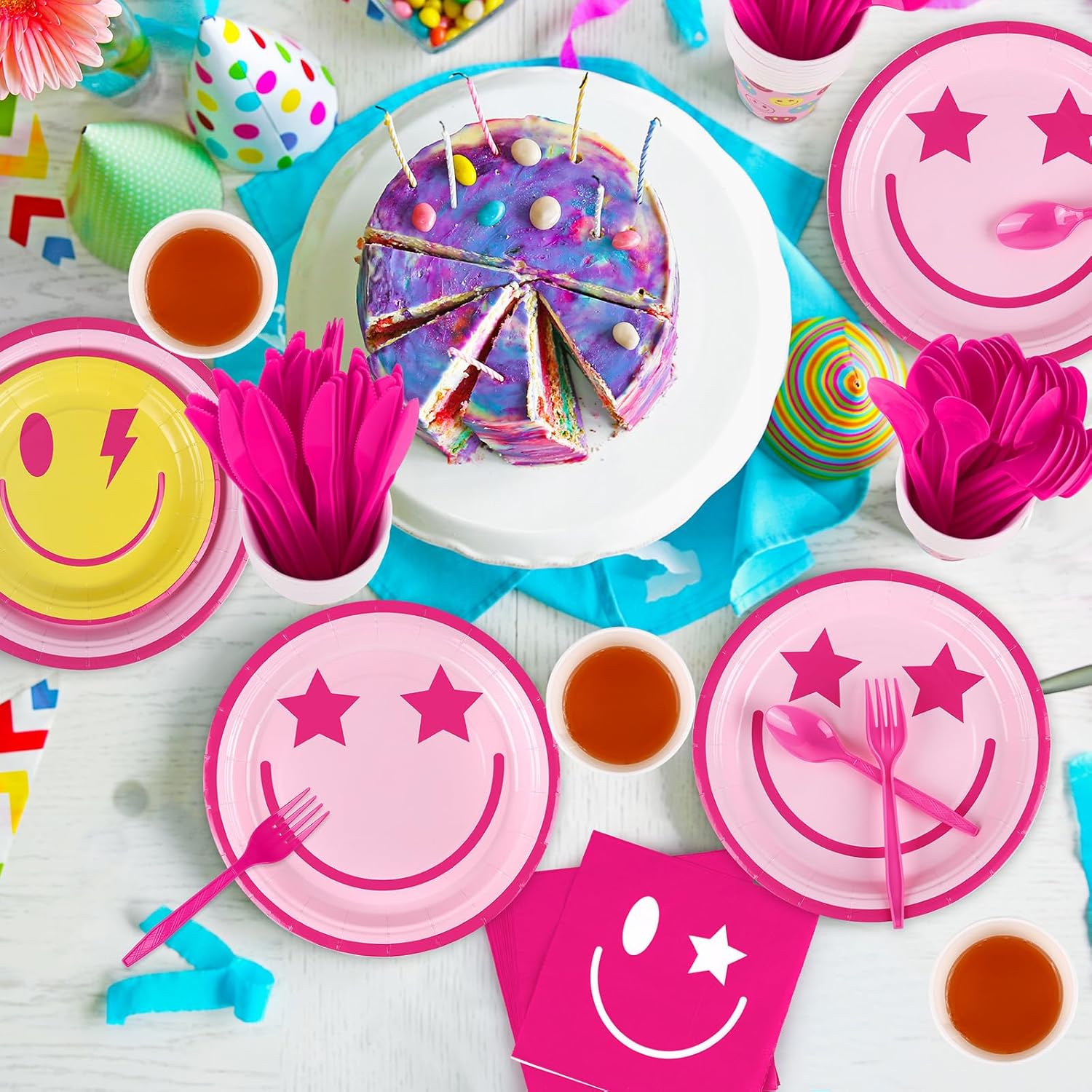 durony 210 Pieces Preppy Smiley Face Party Decorations Tableware Set Disposable Paper Smile Face Plates Napkins Cups Cutlery for Preppy Birthday Party Supplies Baby Shower Decor, Serve 30 Guest