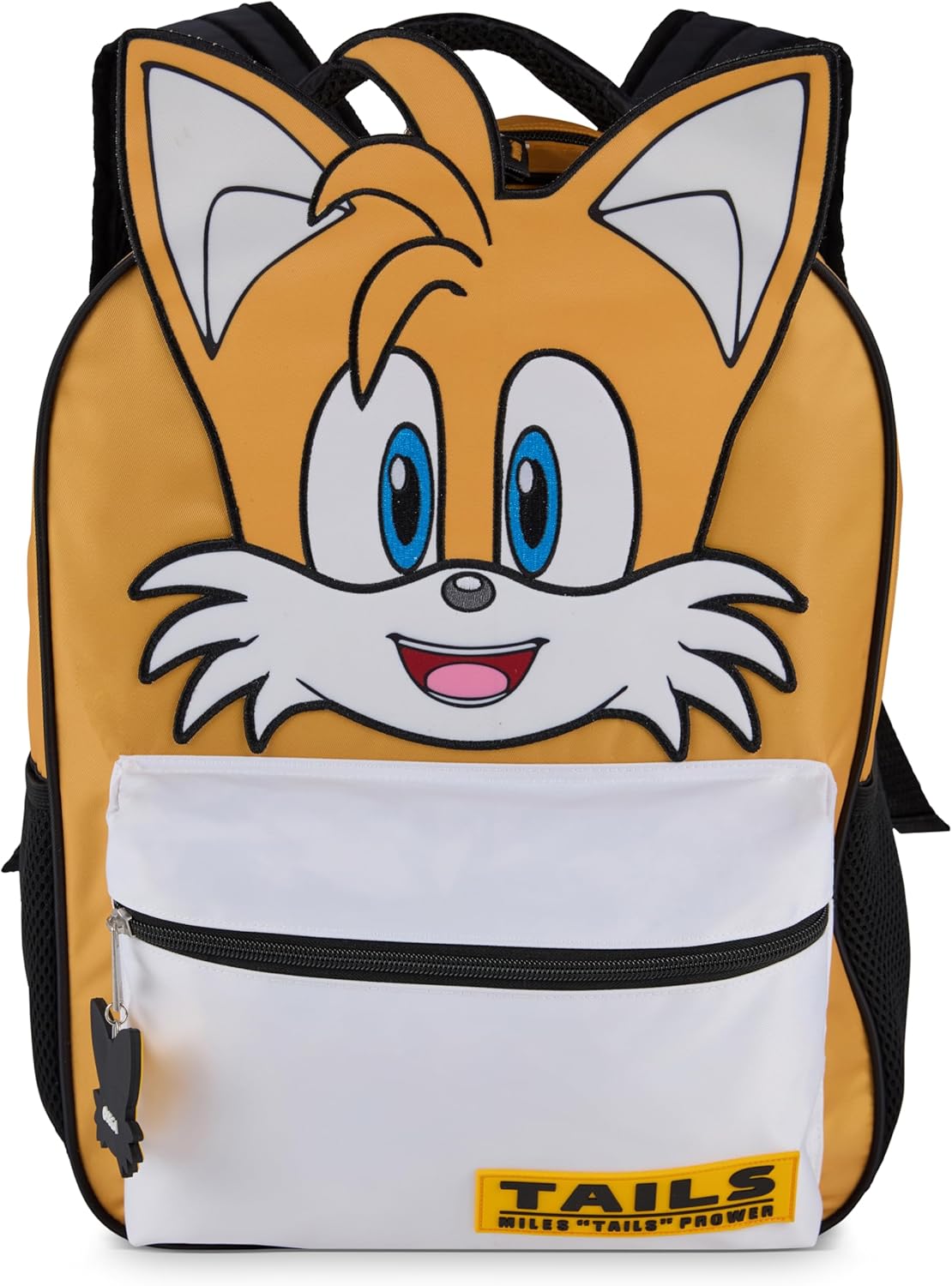AI ACCESSORY INNOVATIONS Sonic The Hedgehog Backpack for Boys & Girls, Tails Big Face 16 Inch Schoolbag with Tails Rubber Molded Dangle, Yellow