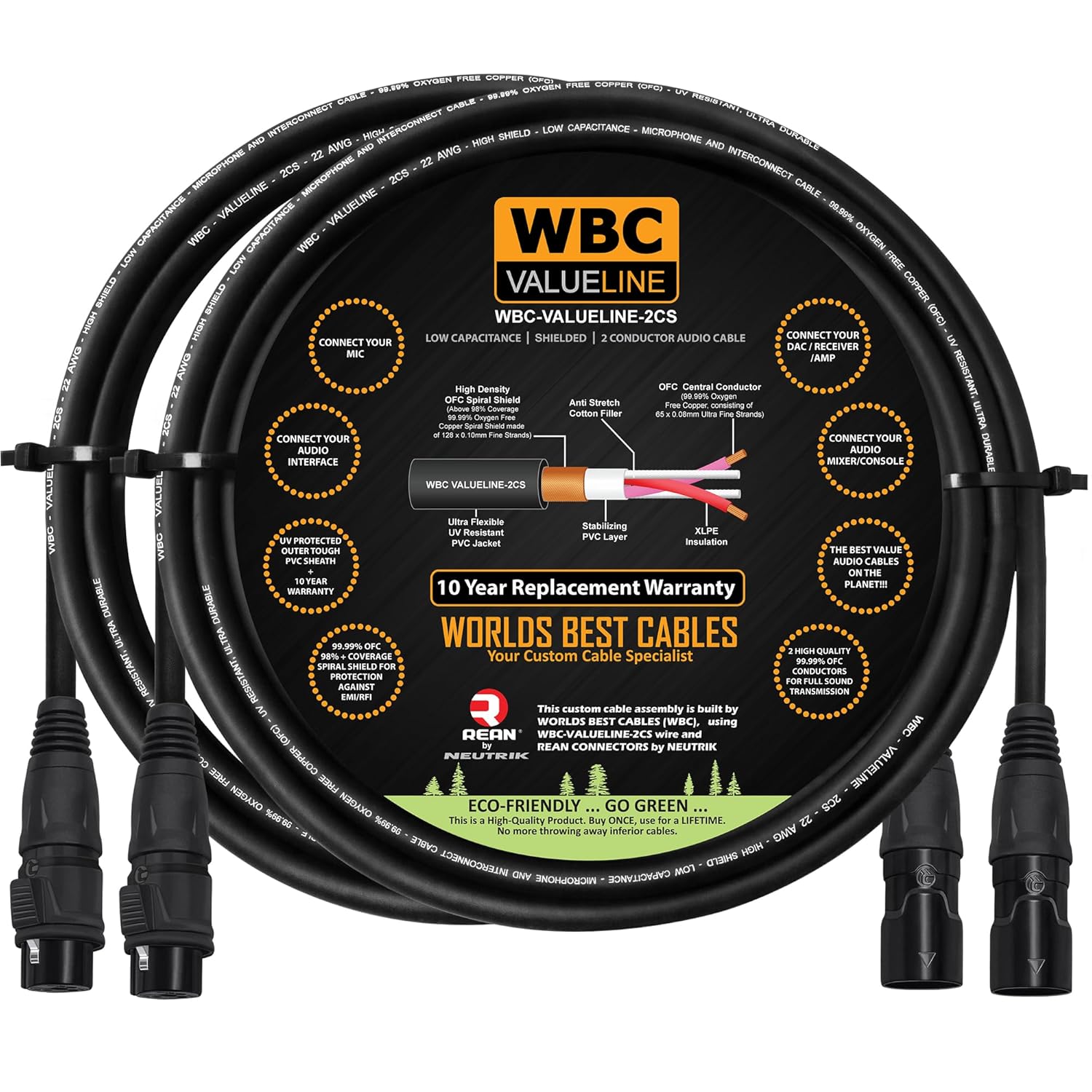 WBC-VALUELINE-2CS (22 AWG) - 2 Units - 6 Foot–Low-Capacitance Shielded Balanced Flexible Microphone, Active-Speaker & Interconnect Cables with Neutrik-Rean IP65 Rated Gold XLR Connectors