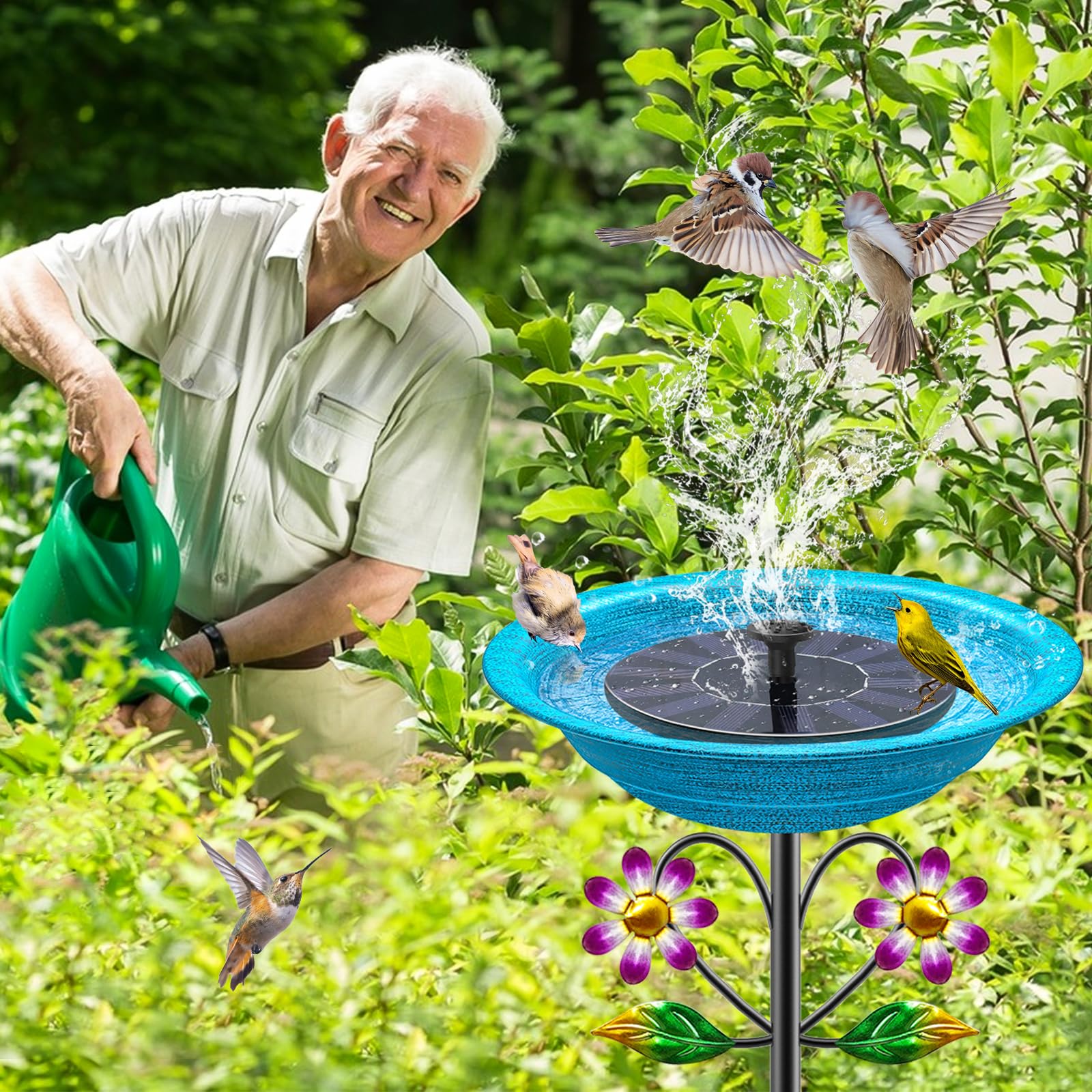 Vogeltränke aus Metall für den Außenbereich, Garten, Vogeltränke, freistehende Vogelfutterspender für den Außenbereich, mit 5 Zinken, Bodenpfahl, stehende Vogelfutterspender, Badeschale für