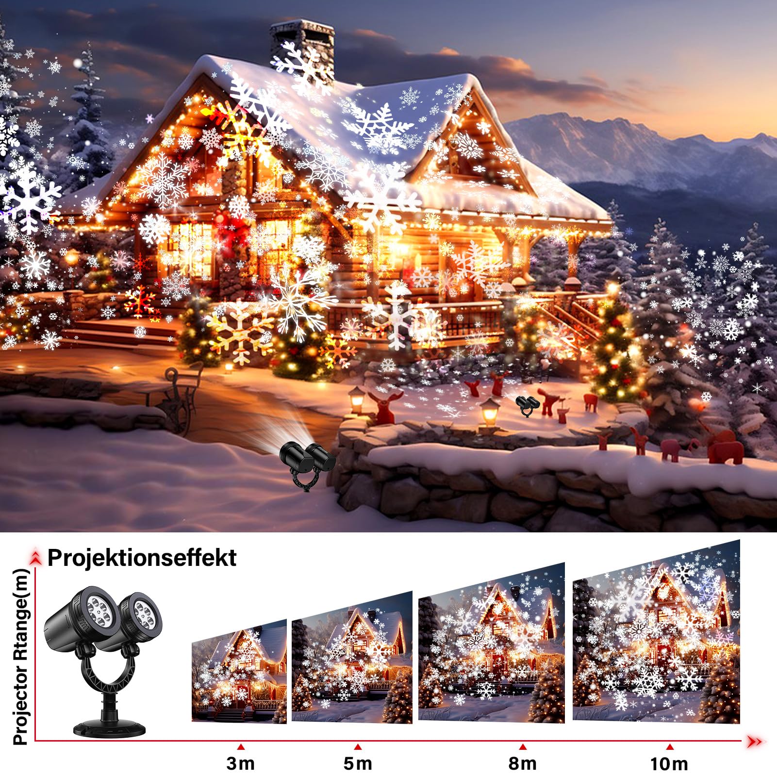 LED Projektor Weihnachten Aussen, Doppelkopf Dynamische Schneeflocken Projektor Weihnachtsdeko, Wasserdicht Weihnachtsbeleuchtung außen für Garten Weihnachtsdeko Outdoor