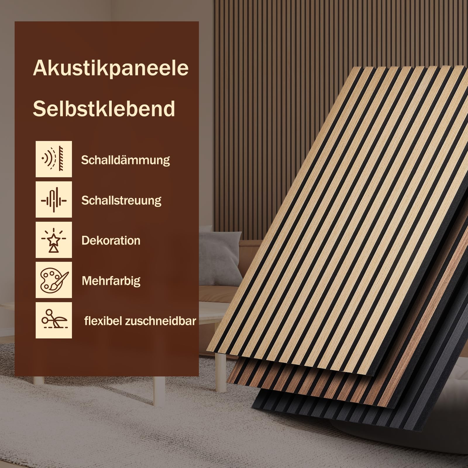 Akustikpaneele Selbstklebend 2er Set 100x52cm, Schalldämmung Echoreduzierung Wandpaneele aus Holzfurnier - akustikpaneele holz für Wanddekoration Wohnzimmer, Büro & Home Office