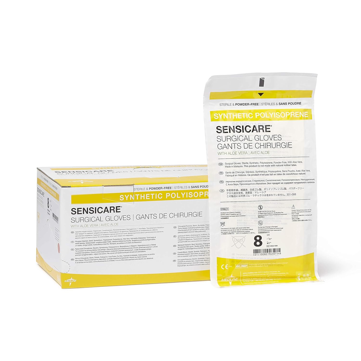 Medline SensiCare with Aloe Sterile Powder and Latex-Free Surgical Glove, Size 8, White (Pack of 100)