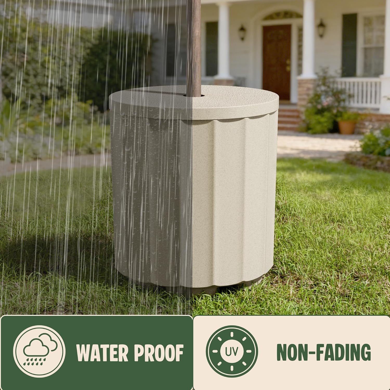 Outdoor Side Table, Patio Table with 1.9" Umbrella Hole, Umbrella Base with Plastic Bags Attached, Weighted Umbrella Stands with Wide Stripes, in Pool Umbrella Stand, for Pool, Garden, Beige