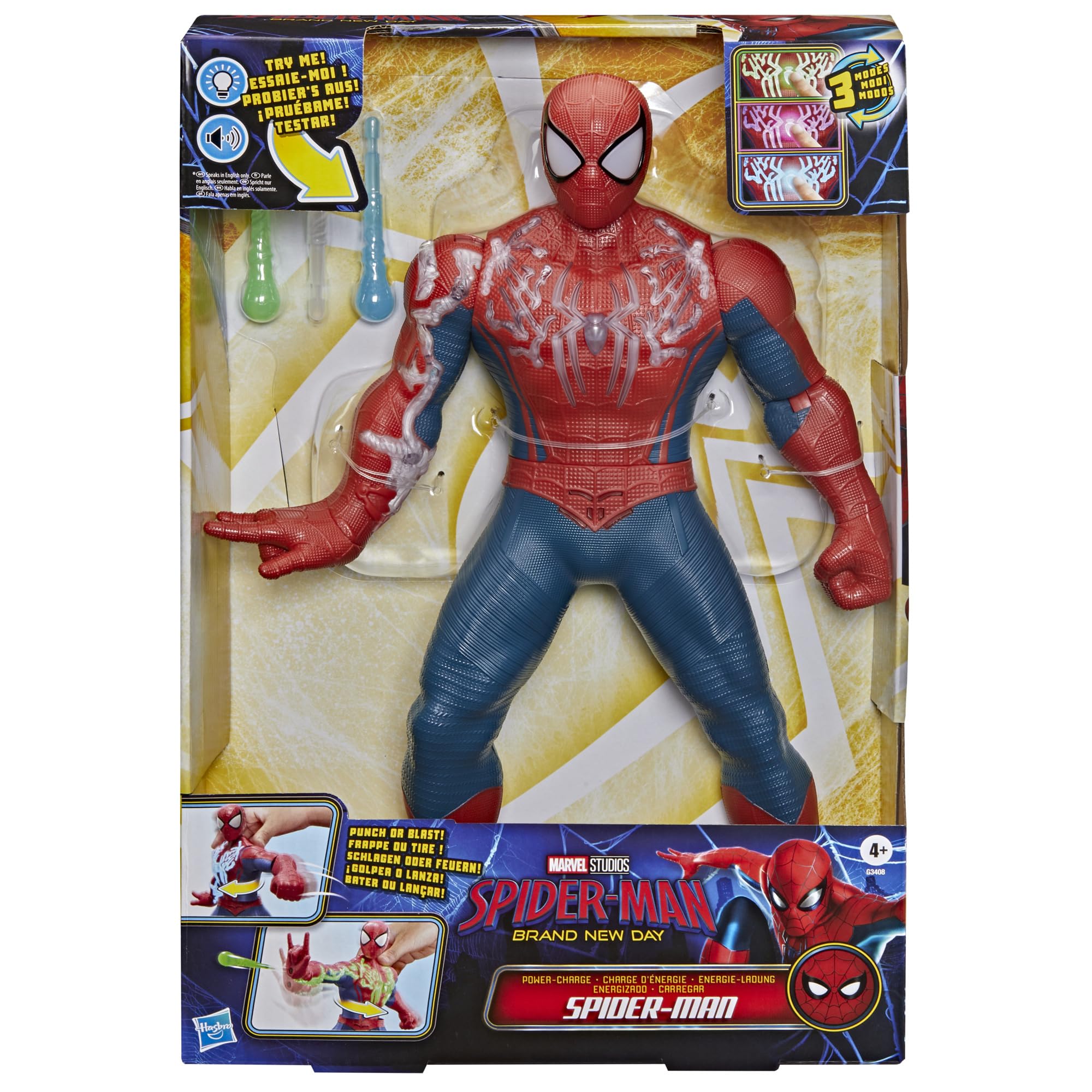 Superdoładowany Spider-Man z filmu "Spider-Man: Całkiem nowy dzień" Marvela, elektroniczna figurka, 36,8 cm, zabawki z superbohaterami i figurki dla dzieci, wiek: od 4 lat - wersja angielska