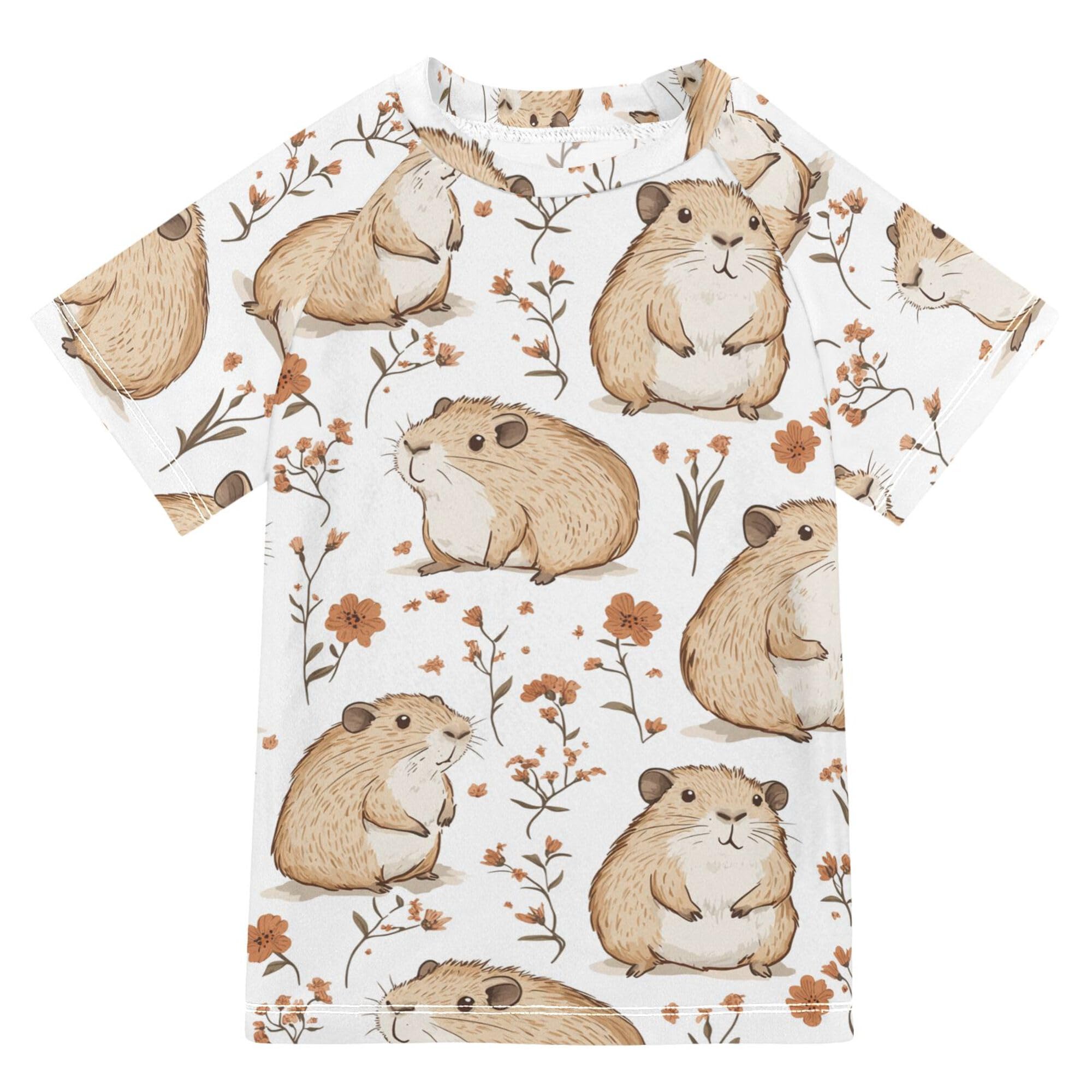 Cute Capybara White Boy Bathing Suit Short Sleeves Girls Swimsuit with Rashguard Swimwears Tshirts for Youth Boy 5-6T