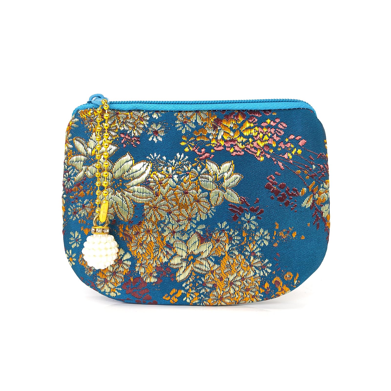 Handmade Jewelry Pouch Women Coin Purse Brocade Zipper Wallet Silk Makeup Bag - INDIGO