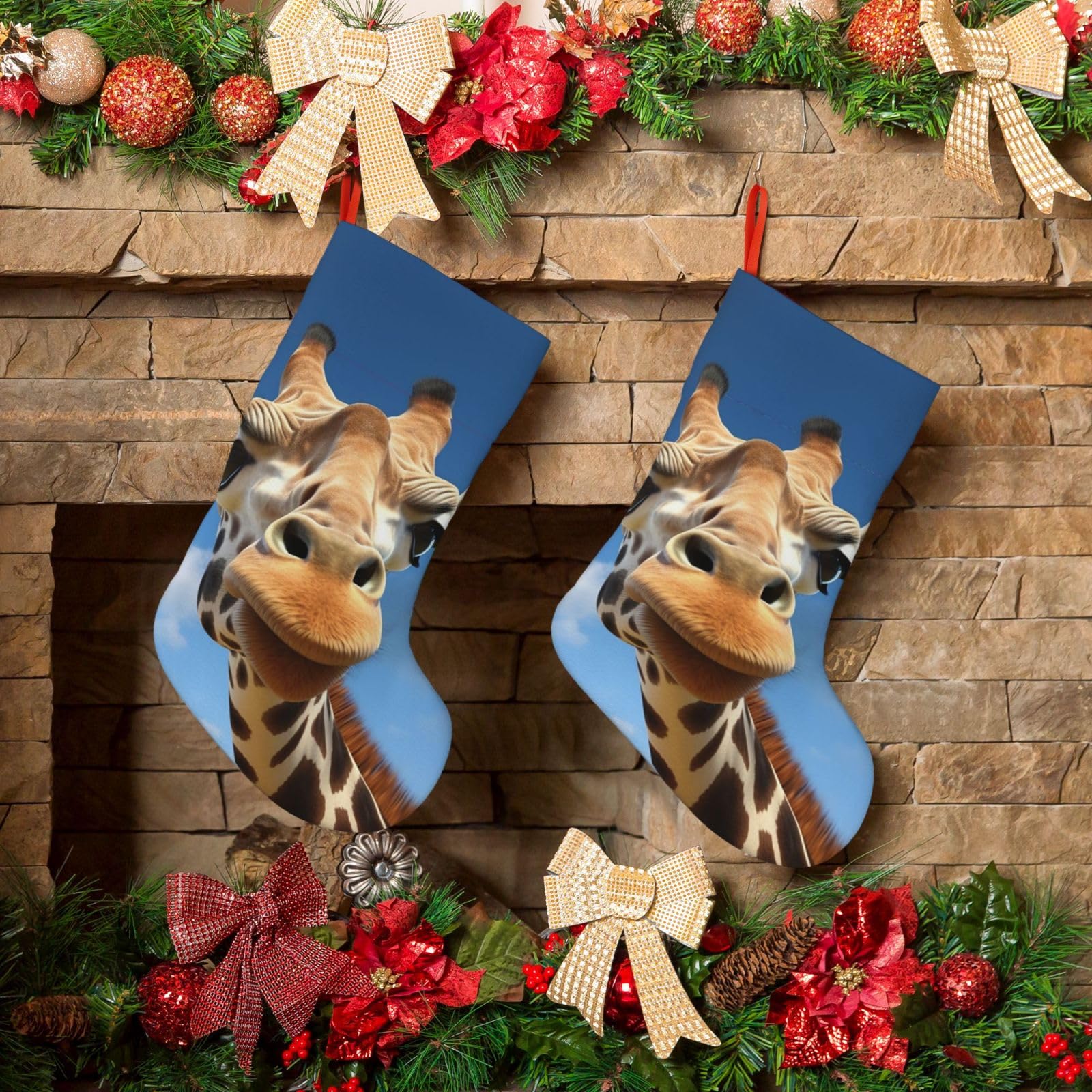 Fodpand Boys Black Funny Giraffe Christmas Stockings Hanging Ornaments For Holiday Decor, 18 Inches Velvet Fireplace Hanging Xmas Stocking, Candy Gift Bags For Christmas Decorations