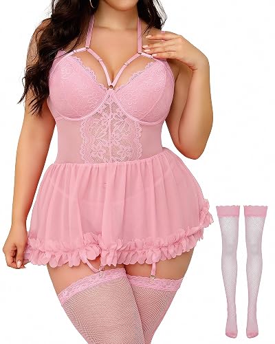 CHALOVELO Plus Size Lingerie for Women Ruffle Babydoll Plus Lingerie Set Sexy Lace Women's Lingerie Nightgowns With Stockings - 5X-Large - Pink