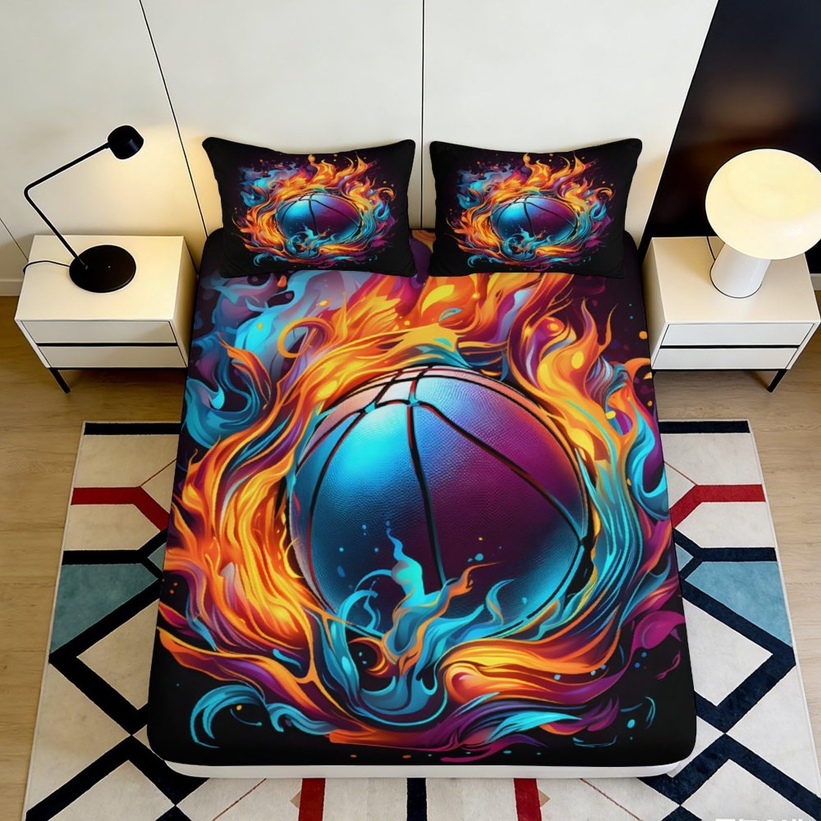 3D Printed Fire Basketball Fitted Sheet Microfiber Soft Breathable Blue Flame Mattress Cover for Bedroom Dorm Mattress Protection Decor 160x200x25cm