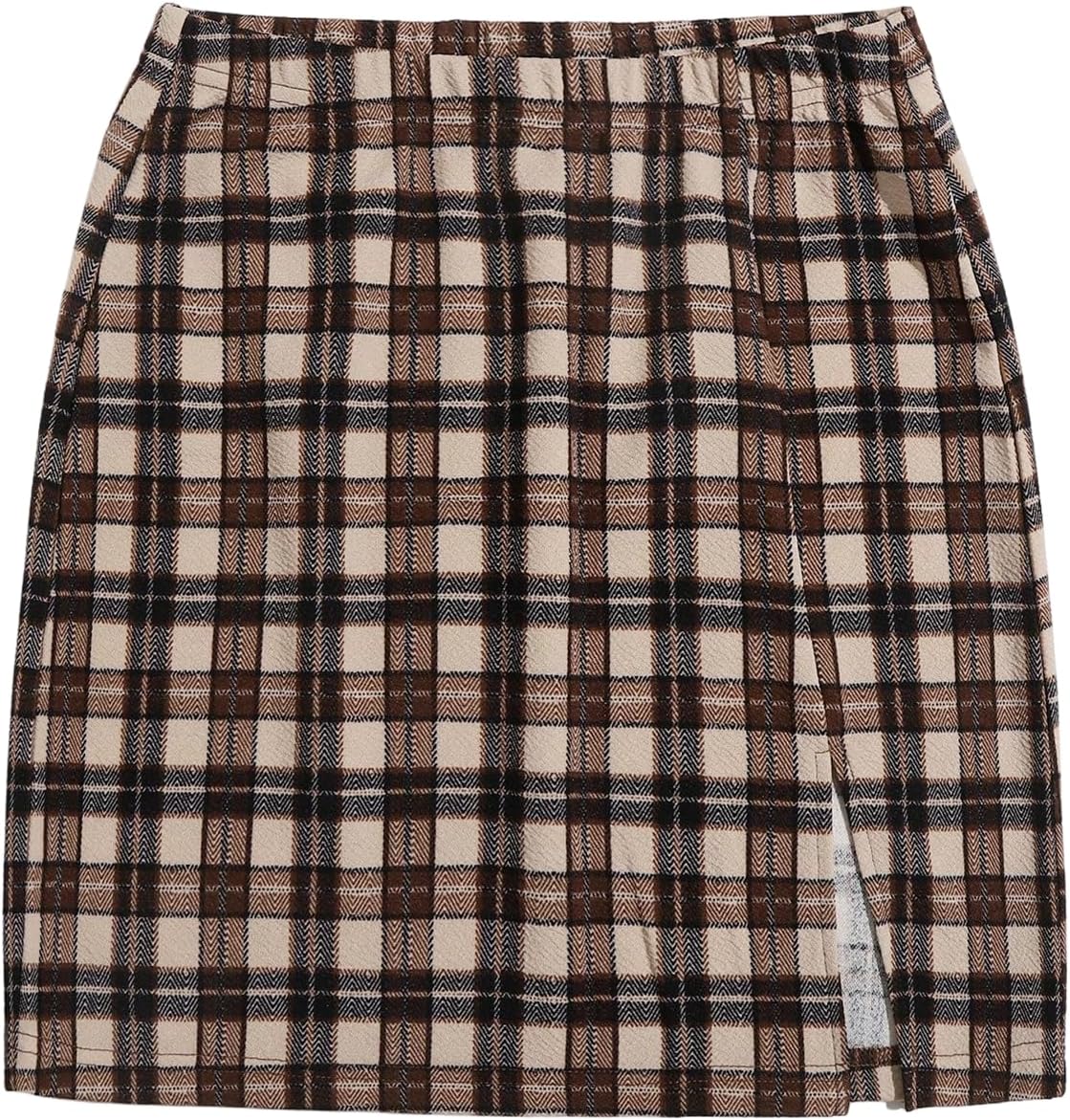 MakeMeChic Women's Plaid Mini Skirt High Waisted Split Bodycon Pencil Skirts