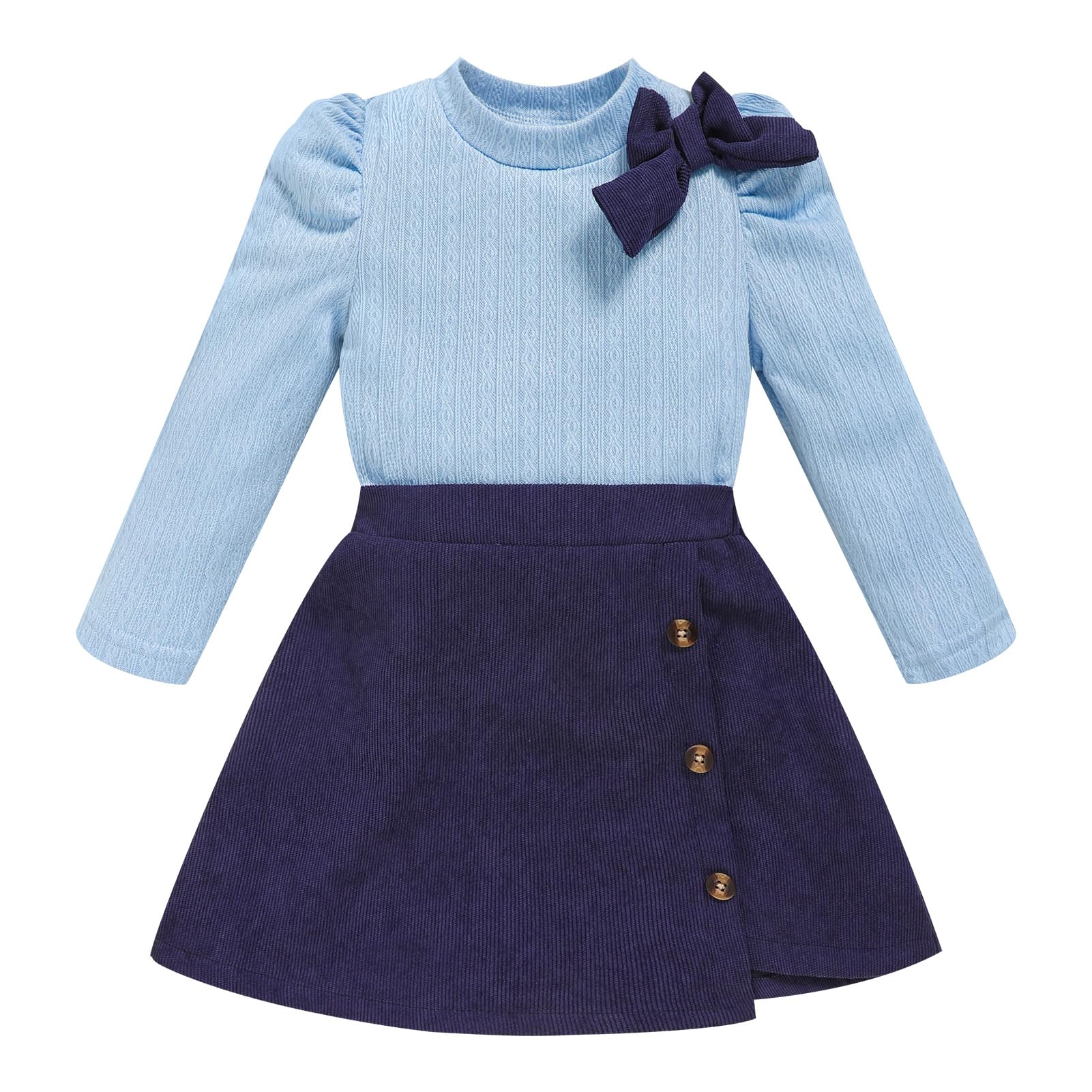 Toddler Girl Plaid Outfits Fall Winter Dress Knit Ribbed Bow Sweatshirt Tops and Button Fashion Skirts Set