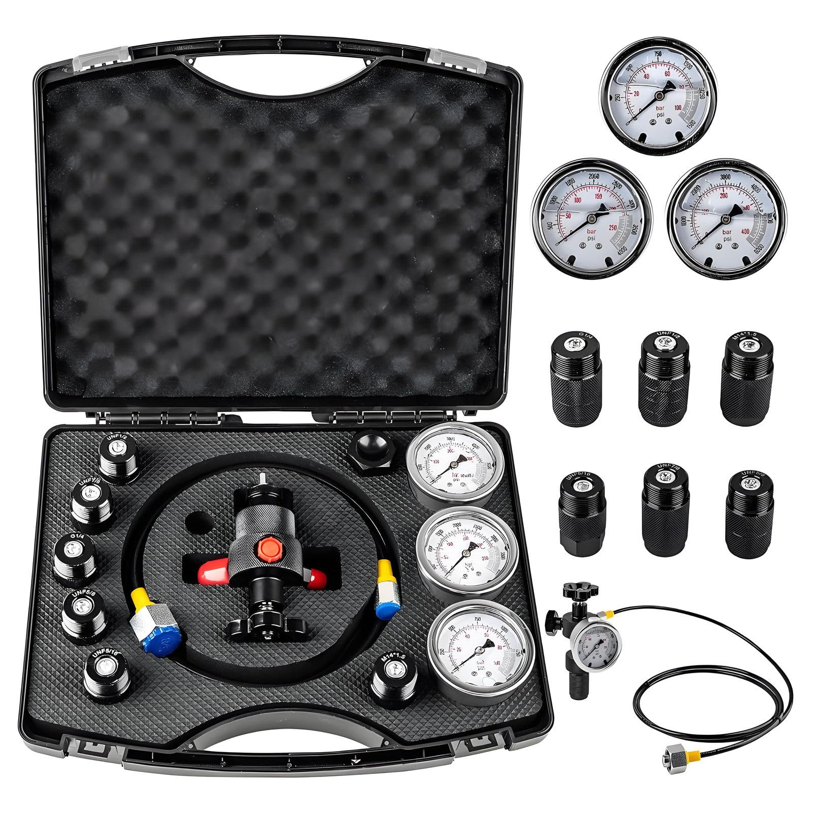 UORDBY Nitrogen filling kit, hydraulic nitrogen accumulator charging kit, nitrogen pressure testing system with 3 gauges (1500, 3500, 6000 PSI) 7 adapters, and gas hose