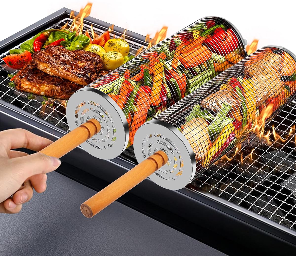 Grillkorg i rostfritt stål, 2 stycken, cylindrisk grillkorg, utomhuscamping, grönsaksgrillkorg, grillade grönsaker