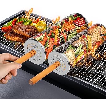 Set of 2 Nesting Rolling Grill Basket Set with Wooden Handle 30 x 10 cm Grill Net Tube for Outdoor Grill for Vegetables Stainless Steel Cylindrical for Outdoor Grill Accessories Tools Gifts for Men