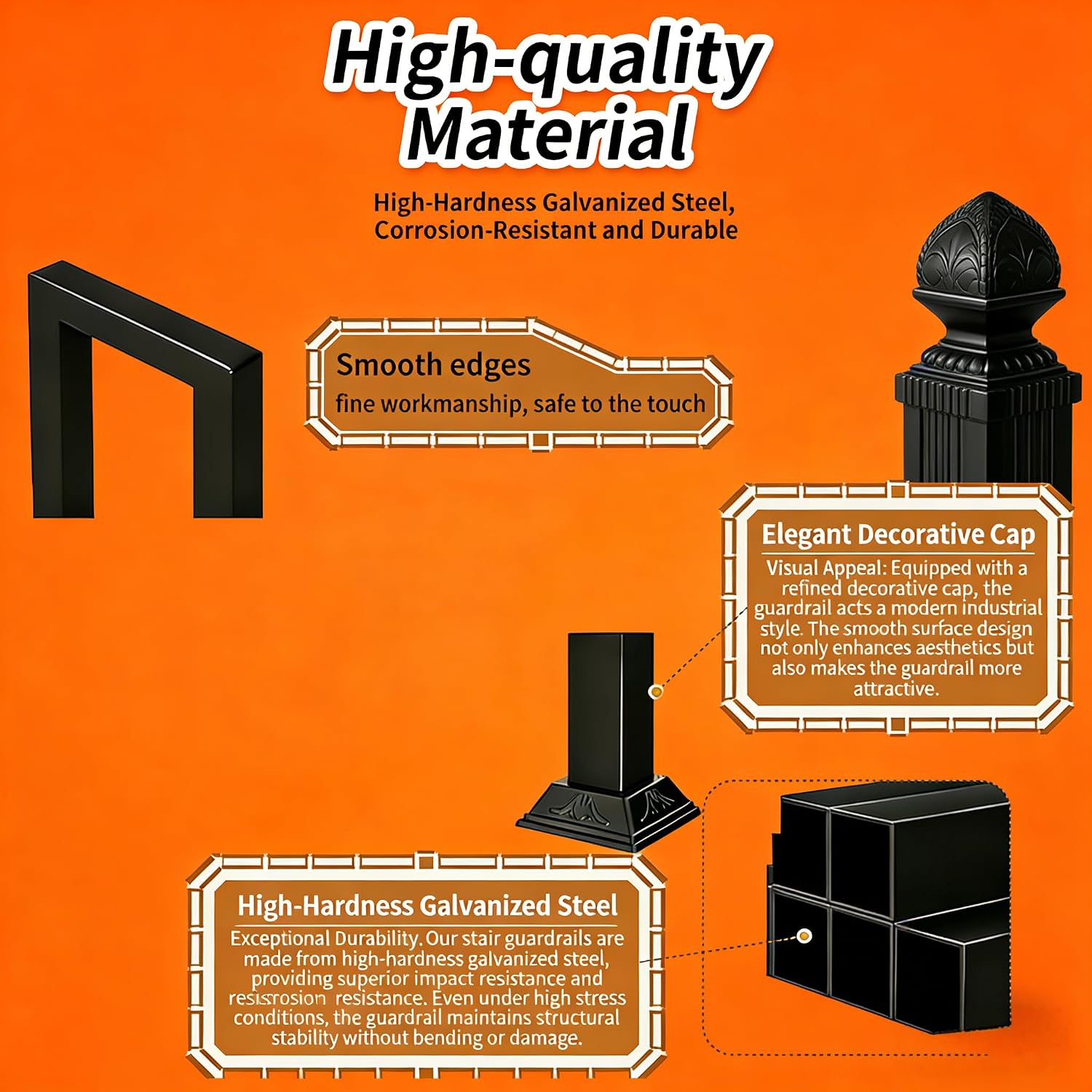 Stair Railing Lndoor, Hand Rails for Outdoor Steps, Matte Black Square Tube U Shaped Handrails with Cover, Industrial Wrought Iron Railing, for Stairs Loft Garden Porch, Height: 85CM 1Pcs (1, 33.45")