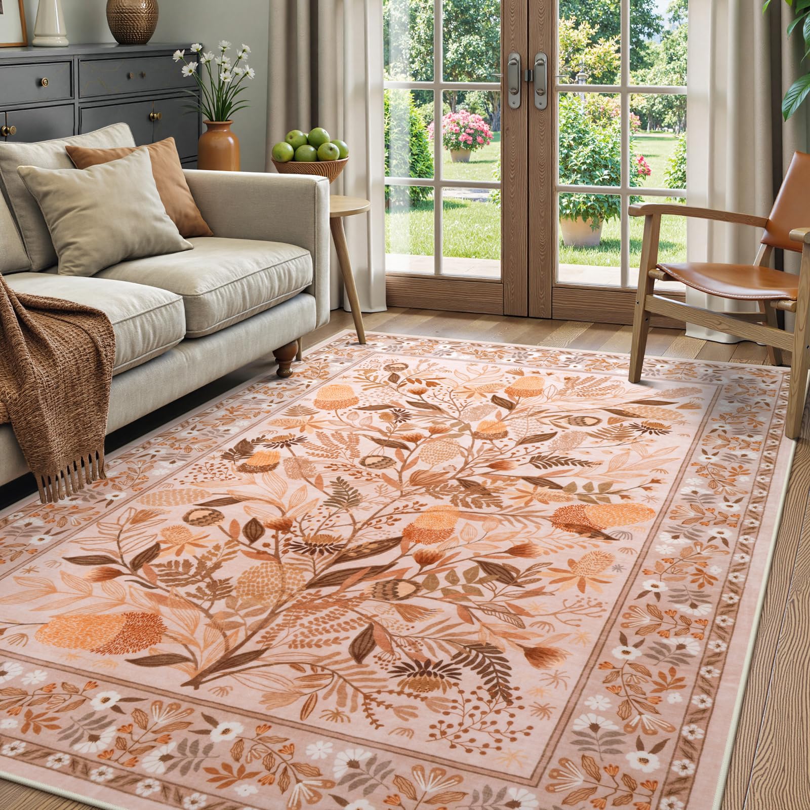 Anidaroel Machine Washable Rugs for Living Room 5x7, Brown Botanical Large Area Rug, Stain Resistant Dining Room Rugs for Under Table, Non Slip Soft