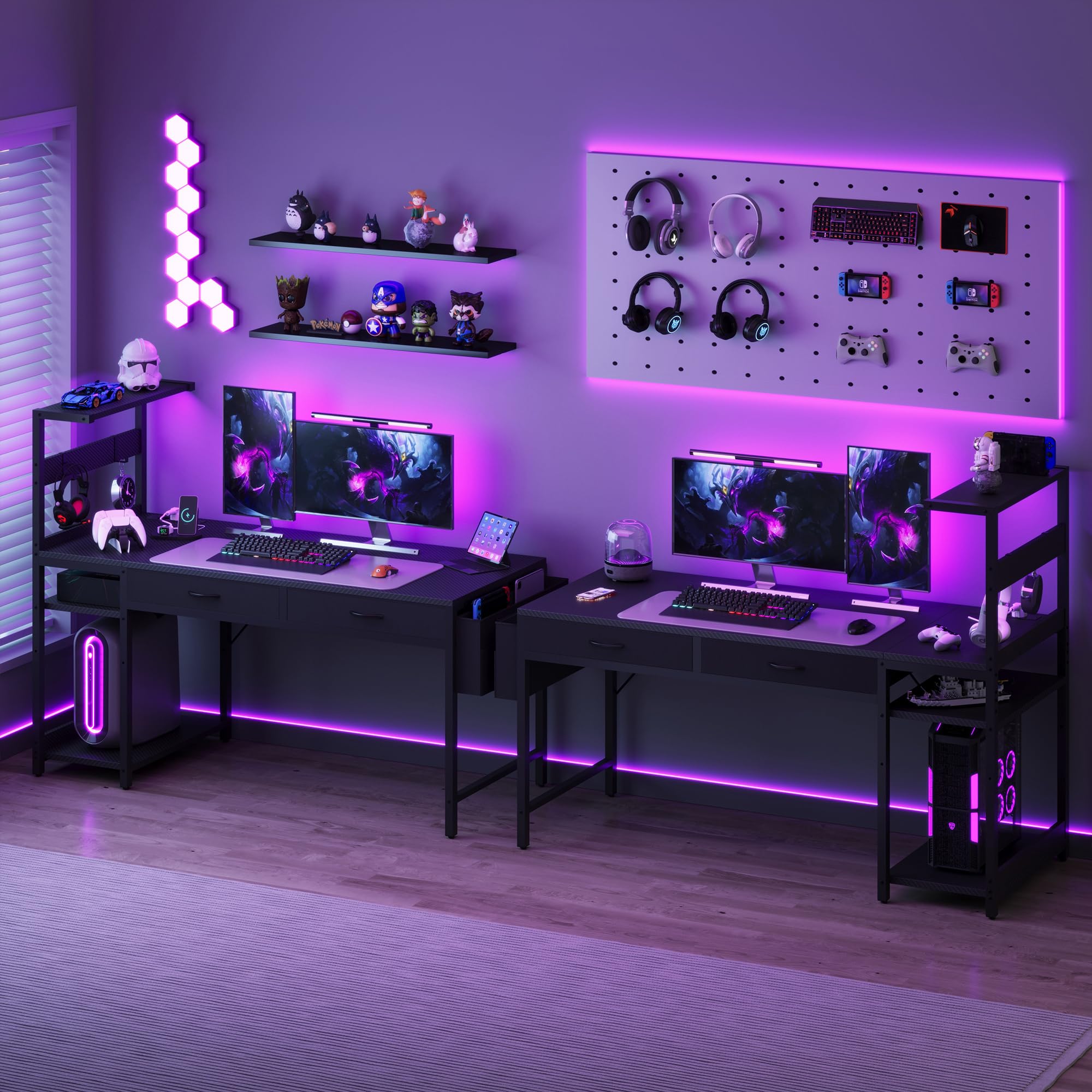 YOUDENOVA Scrivania Gaming Reversibile con LED e Multipresa, Scrivania per Computer 120 cm Compatta con 2 Cassetti, Mensola Regolabile, Tavolo PC per Piccole Camere e Uffici Domestici Nero