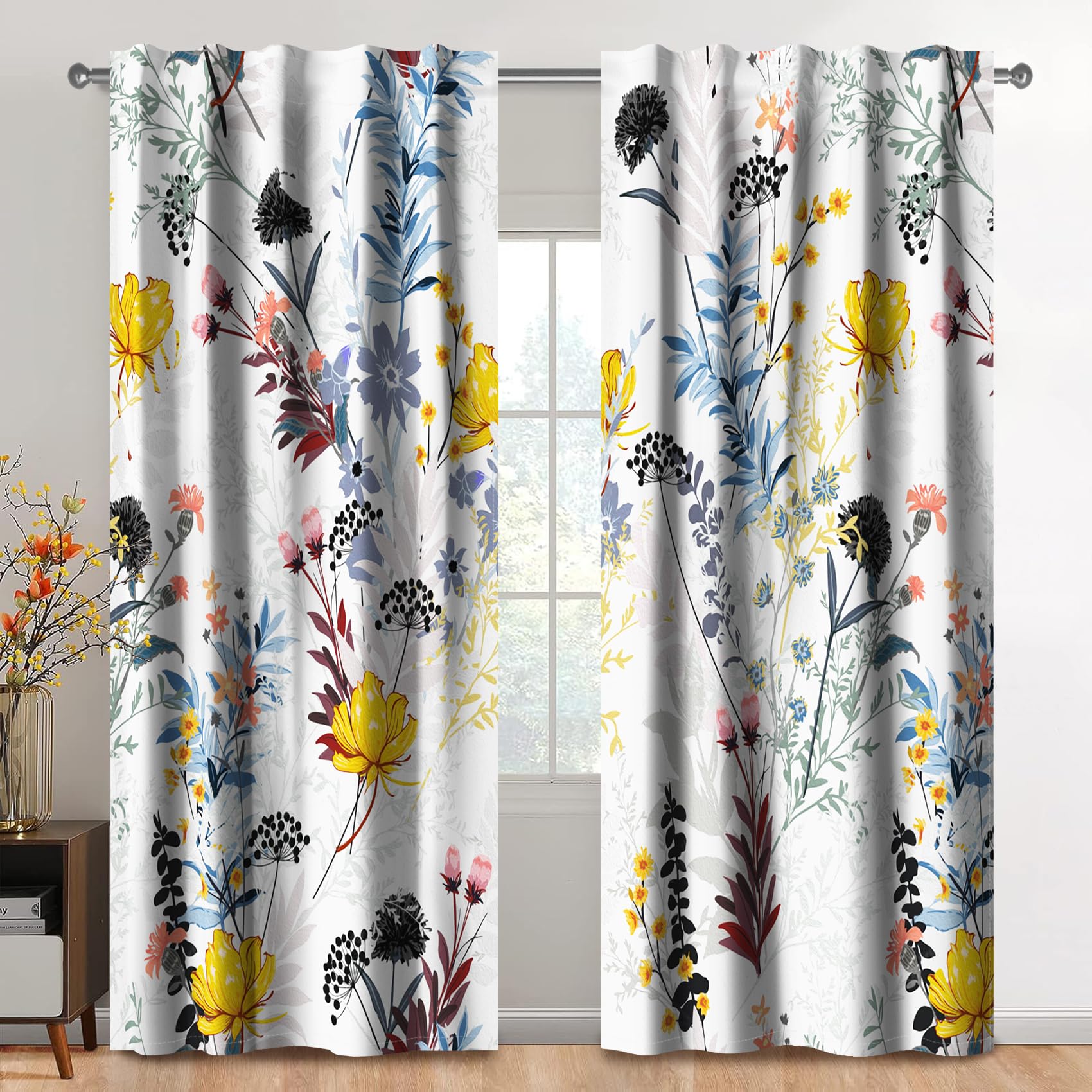 Kzzfqxb 2 Panels 117x229cm Floral Curtains, White Botanical Herb Yellow Pink Wild Flowers Blue Stems Daisy Weeds Seeds Window Drapes, Elegant Decor for Living Room Girls Bedroom Dining Room โ image 1