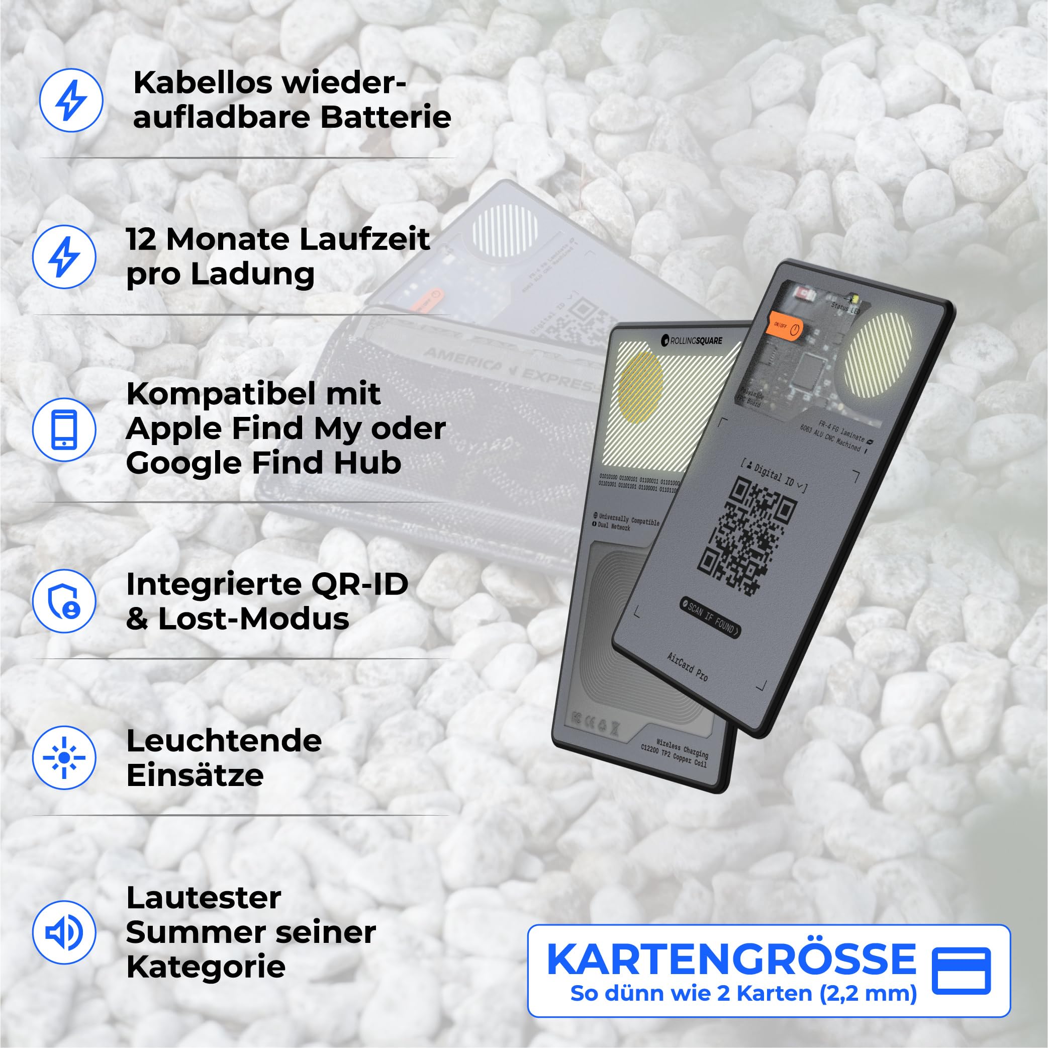 Rolling Square AirCard Pro Dual – Wallet Tracker Android und Apple Tracking Card Kompatibel mit Apple Find My und Google Android Find Hub, Schlüsselfinder mit Kabellosem Laden Gadgets Technik Grau