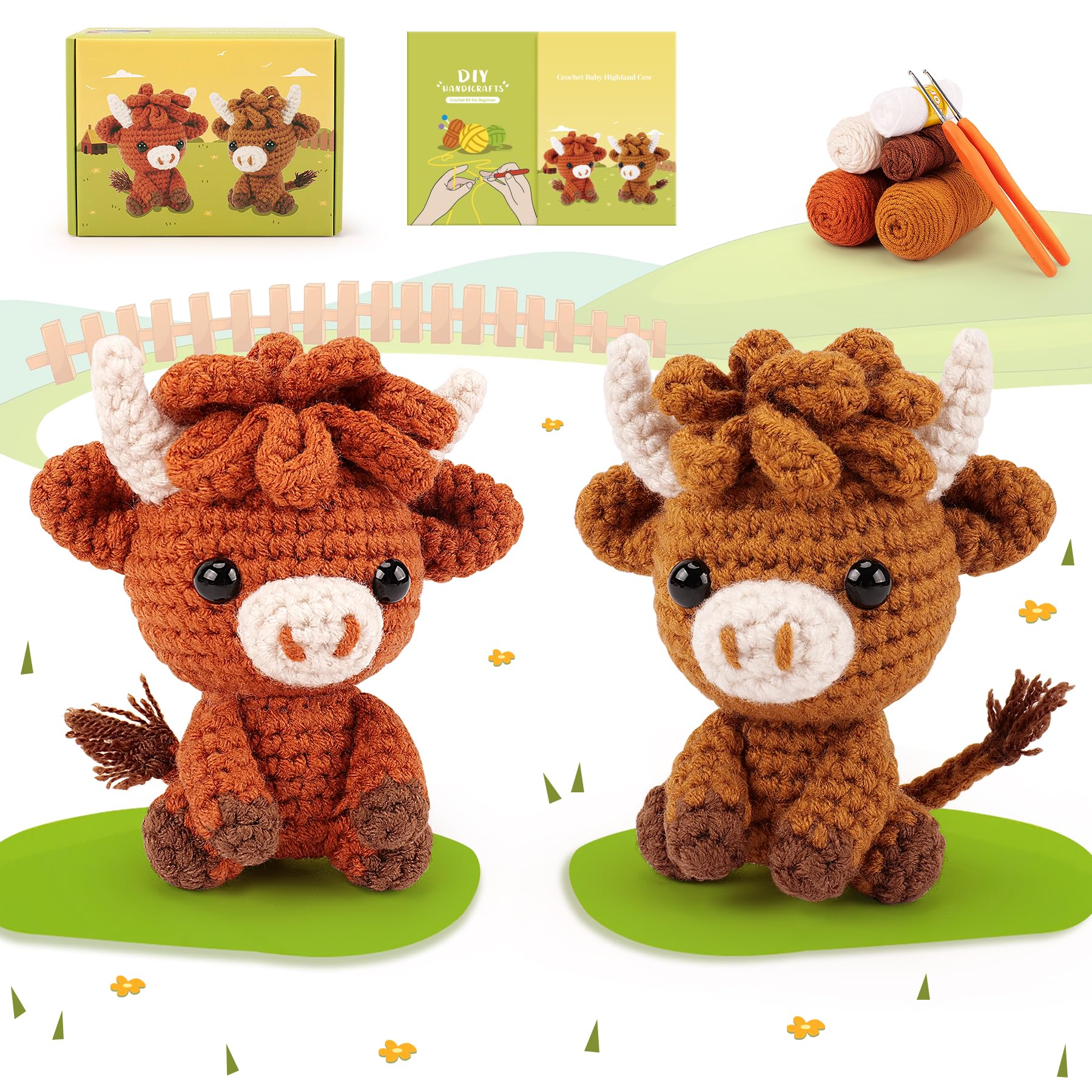 Crochet Kit for Beginners Adults Highland Cow Crochet Animal Kit Knitting Kit with Instructions Highland Cattle Crochet Complete Kit for Beginners Crochet Starter Kit Crochet Knitting Set