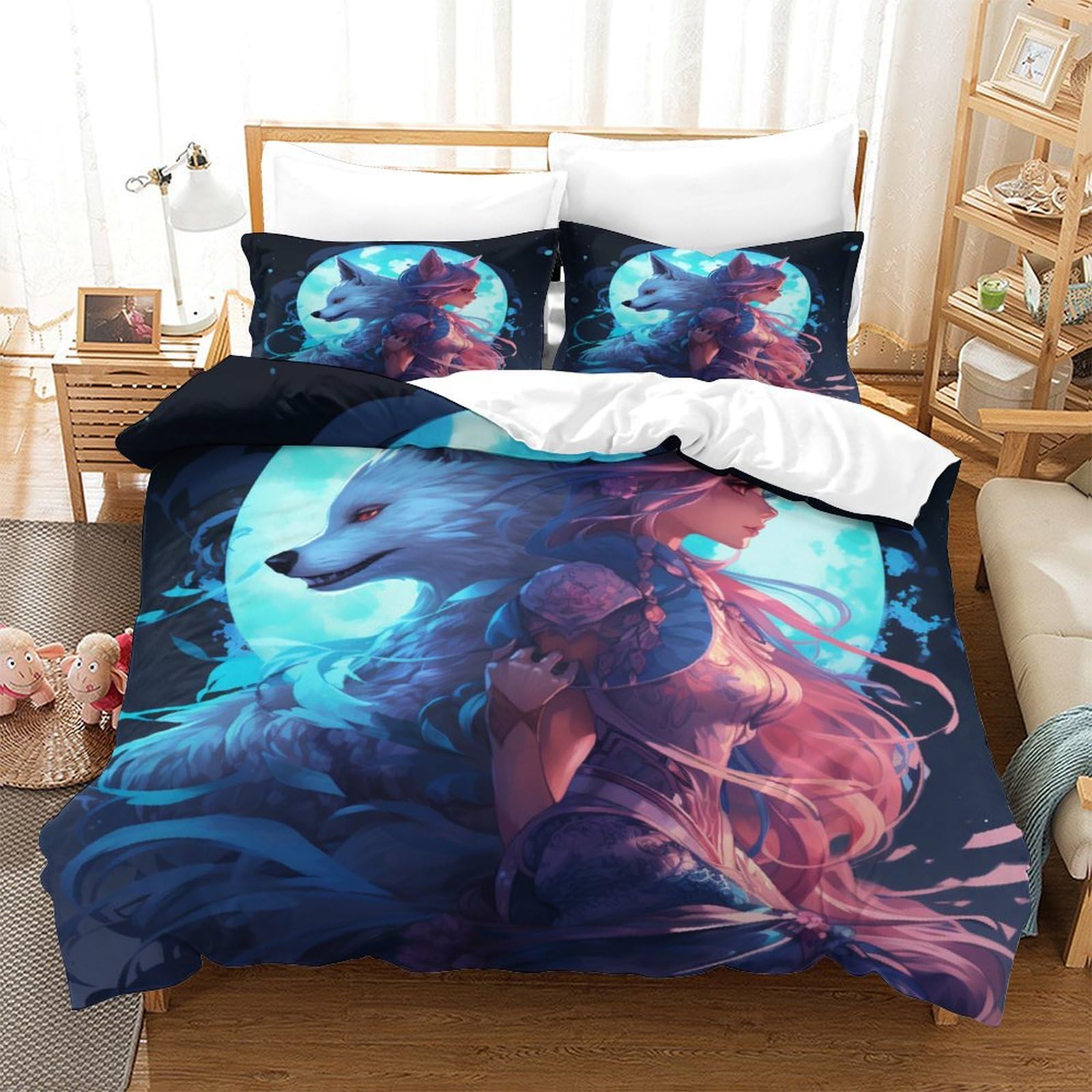 Under The Moon Wolf Girl Duvet Cover Set 3 PCS Hotel Quality Quilt Cover Bedding Sets Bed Covers with Pillowcases with Zipper Closure Hypoallergenic Soft Breathable Microfiber Single（140x200cm）