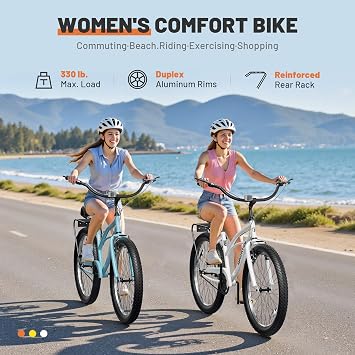 Max4out Beach Cruiser Bike for Adult,Womens Bicycle with Rear Rack 24 Inch Comfort Bikes with Adjustable Seat Suitable for Cities,Coastal Areas,and Beaches(26 Blue)