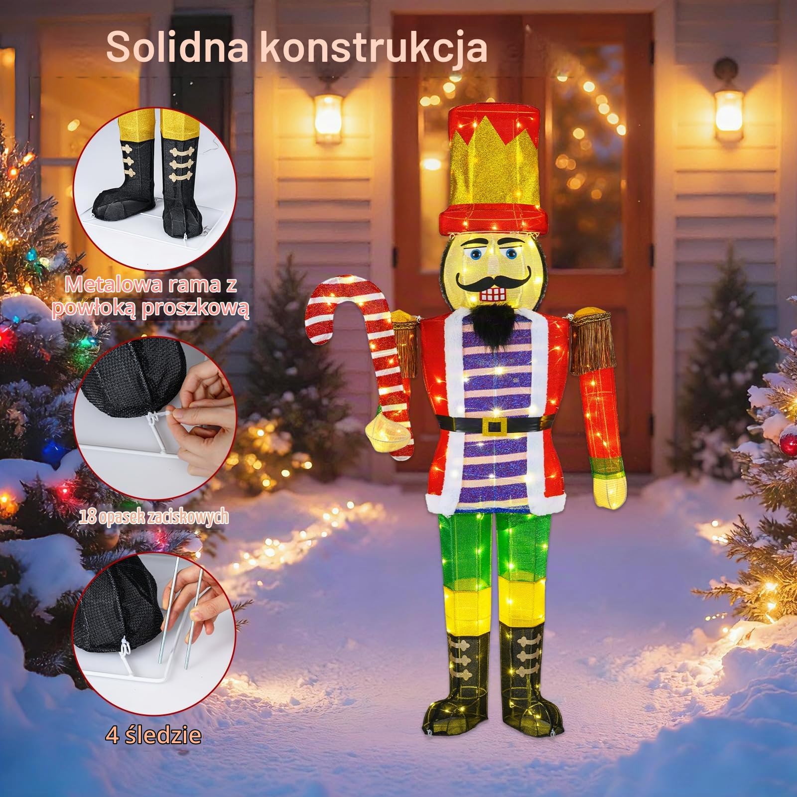 GOPLUS Bożonarodzeniowa figurka dziadka do orzechów, duża, podświetlana dekoracja bożonarodzeniowa XXL, 170 cm, figurka bożonarodzeniowa ze światłami LED, dekoracja bożonarodzeniowa z laską cukrową