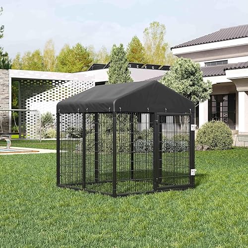 Miniatura 6 de Gran recinto para perros al aire libre, jaula resistente con techo, valla de acero galvanizado para perros con doble cerradura de seguridad (50 x 48