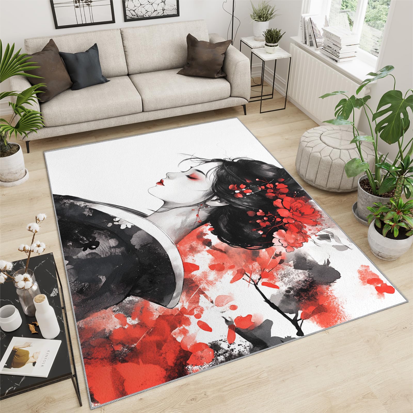 SANSJI Japanese Rugs for Bedroom - Japanese Geisha Rug, Watercolor Rug for Living Room Bedroom, Washable Non Slip Soft Large Carpet, Traditional Girl Area Rugs & Home Decor 200x290 cm