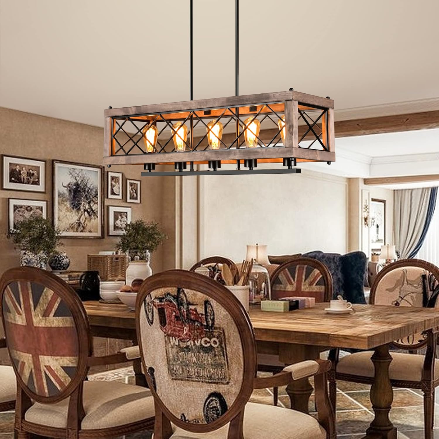 MantoLite Farmhouse Wood Rustic Industrial Chandeliers, E26 5-Light Iron Linear Pendant Light Fixtures, Kitchen Dining Room Island Lights Adjustable Wooden Hanging Lighting 5 lights wood