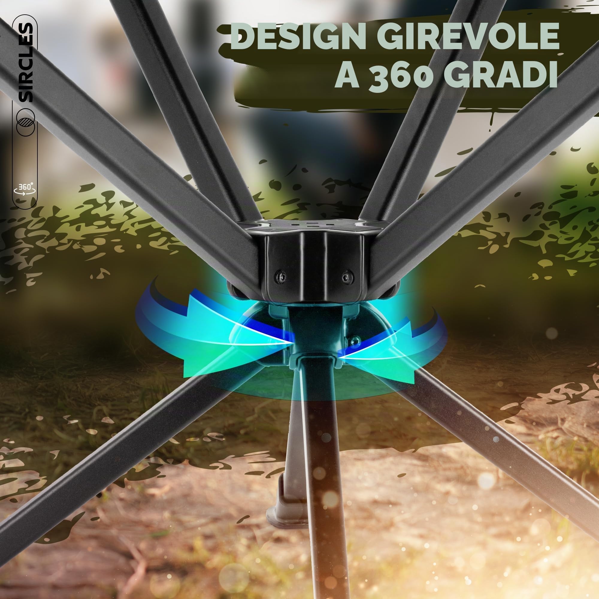 SIRCLES Sedia da campeggio portatile e girevole, installazione in 8 secondi, pieghevole in 5 secondi, ultraleggera e resistente, in lega di aeromobile, spaziosa, con 2 borse laterali, tessuto Oxford,