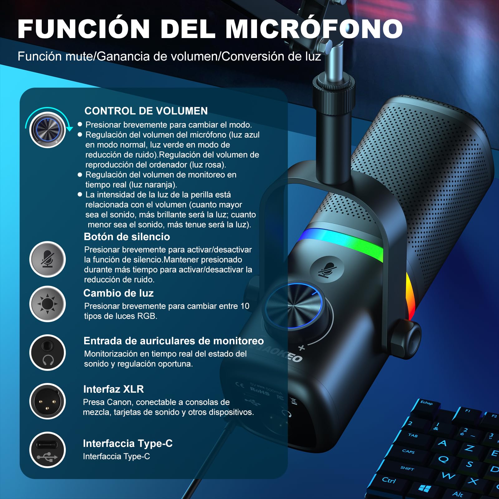 Aokeo AK-10 - Micrófono USB para Juegos con Brazo de micrófono, micrófono Condensador para PC/MAC/PS4/PS5/micrófono cardioide con iluminación RGB (Blanco)
