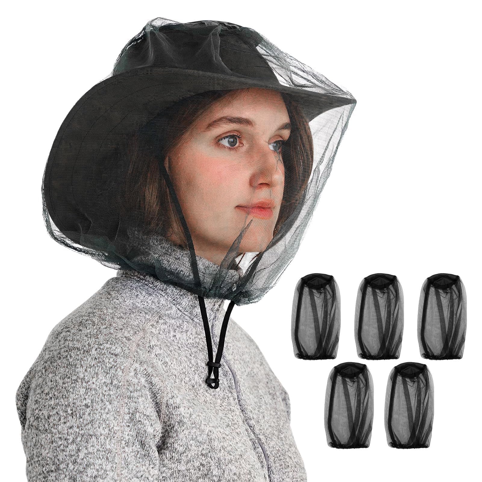 5 PCS Midge Nets for Head,Smidge Head Net,Midge Head Net,Fine Mesh Mosquito Head Net,Nylon Midge Net Head Cover,Mosquito Head Protecting Net Hat Covering for Hiking Camping Fishing Climbing Walking